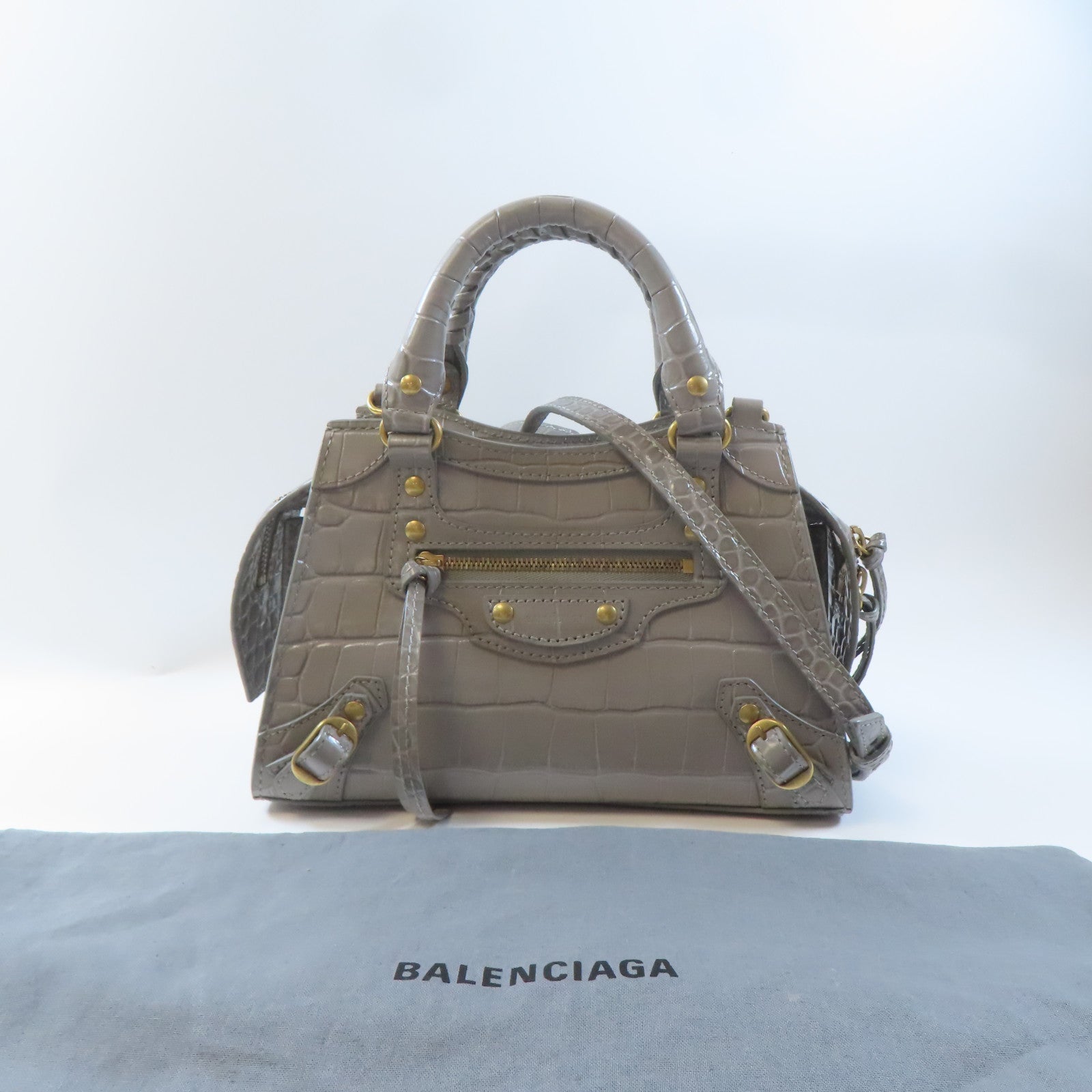 BALENCIAGA 牛皮皮革Neo Classic Mini金扣手挽肩背兩用袋灰色