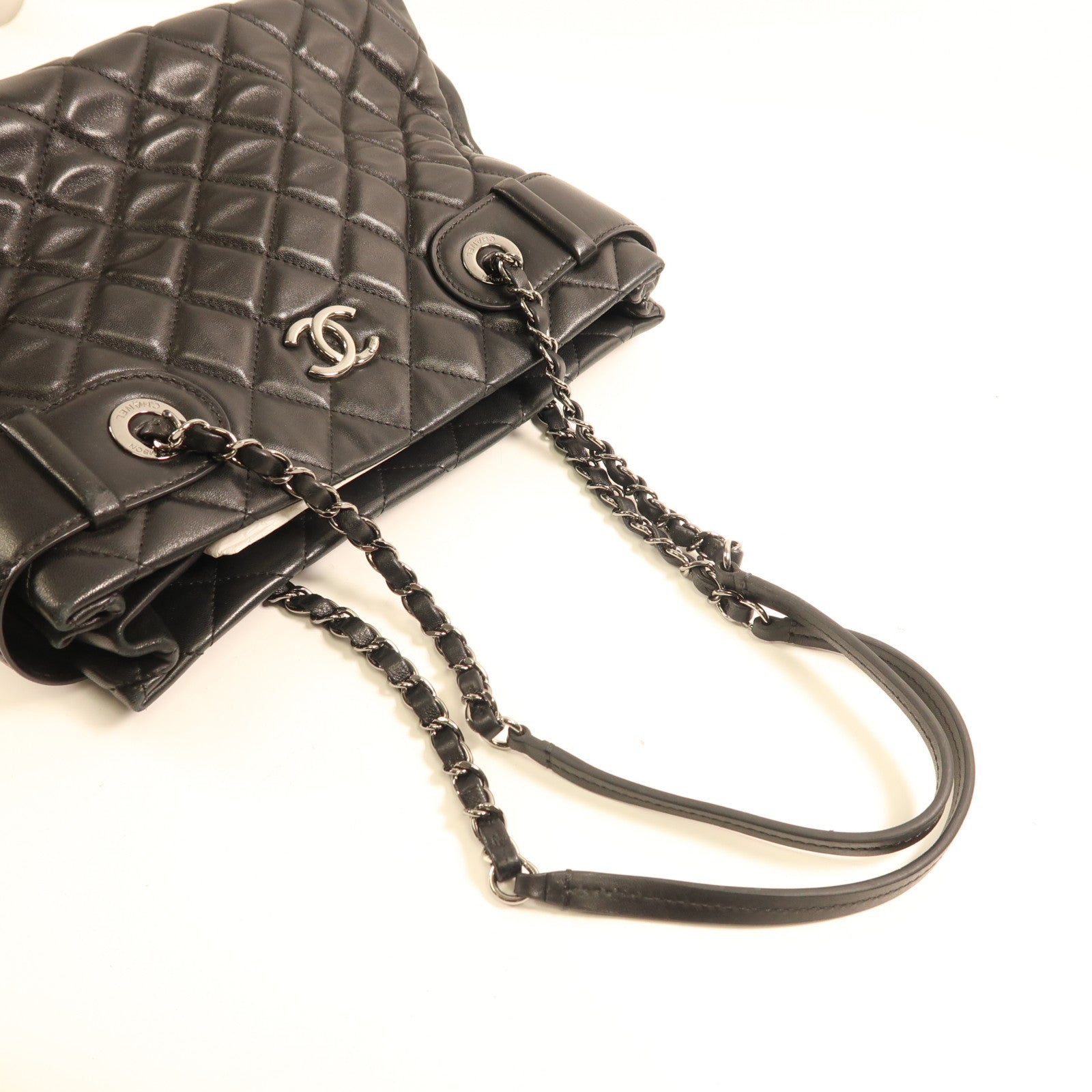 CHANEL 羊皮皮革Shoulder Bag銀扣鏈帶肩背袋黑色
