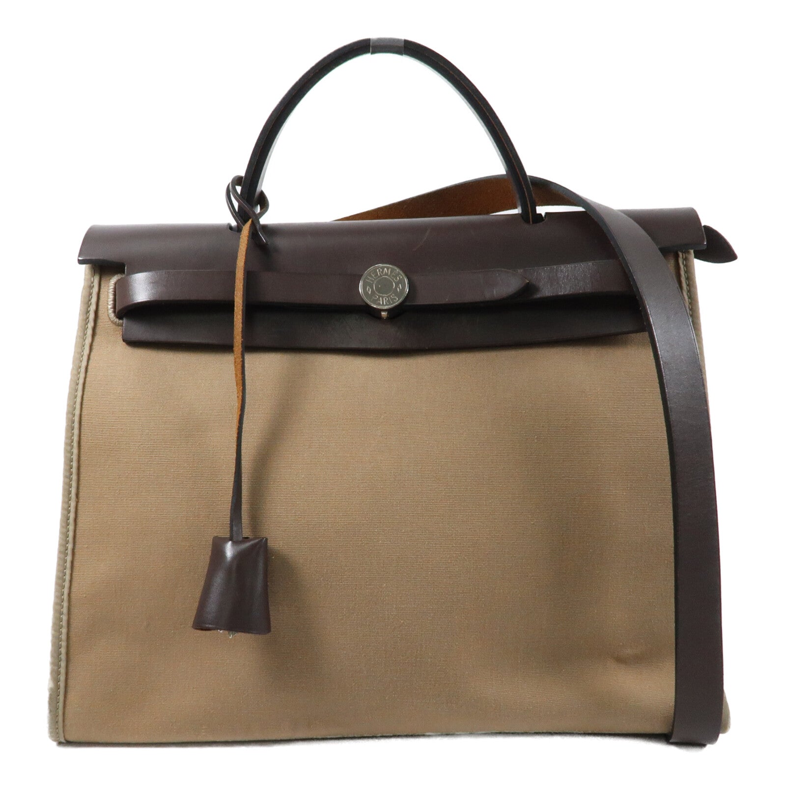 HERMES 帆布/牛皮皮革Herbag PM銀扣手挽肩背兩用袋Etoupe