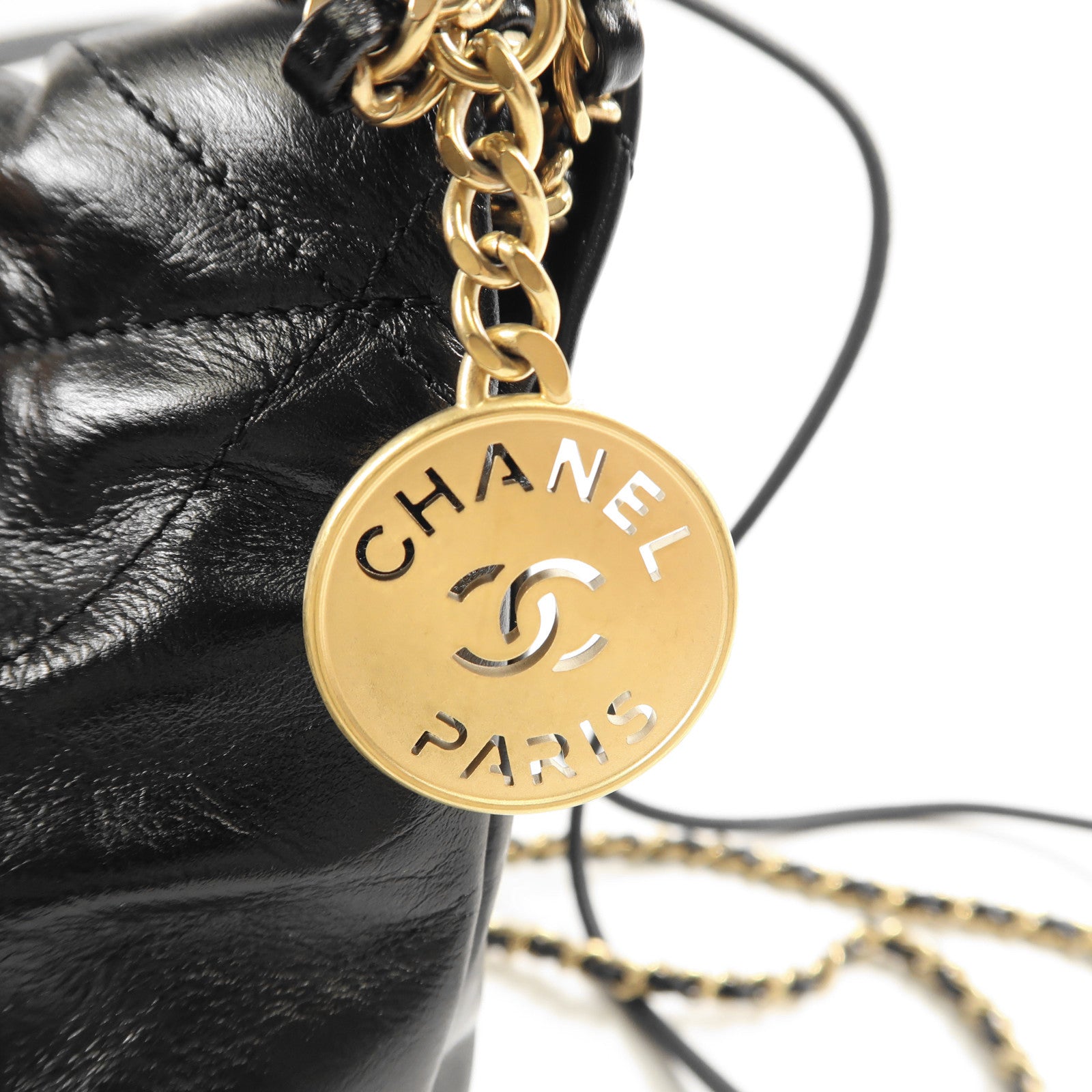 CHANEL 牛皮皮革Mini C22金扣鏈帶手挽肩背兩用袋