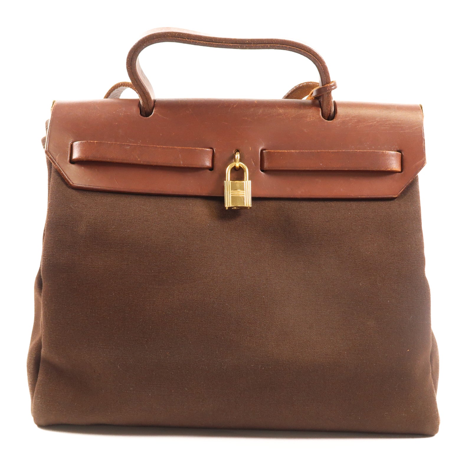 HERMES 帆布Herbag PM金扣手挽肩背兩用袋啡色