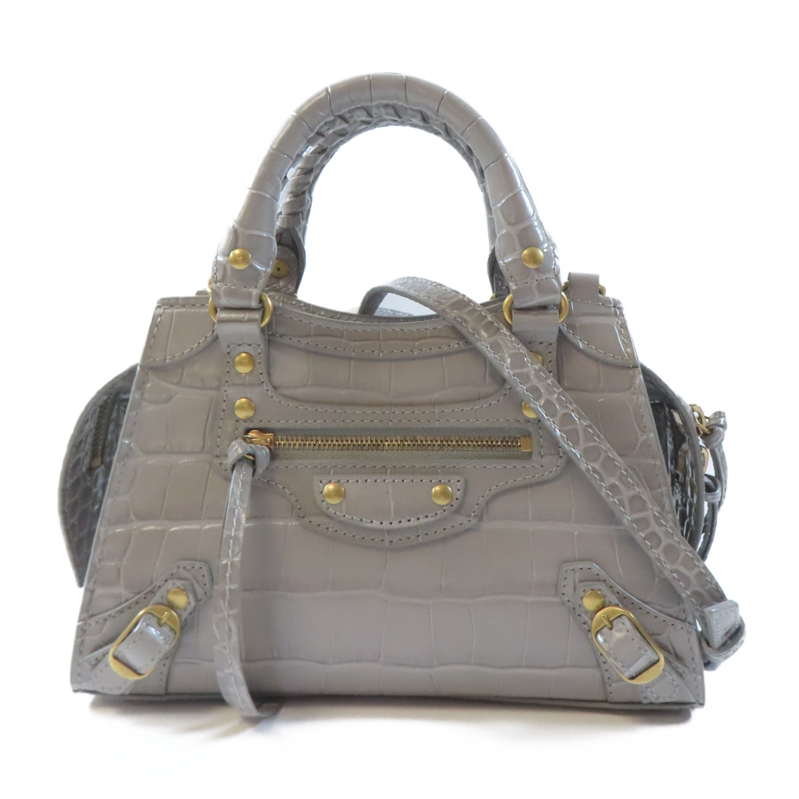 BALENCIAGA 牛皮皮革Neo Classic Mini金扣手挽肩背兩用袋灰色