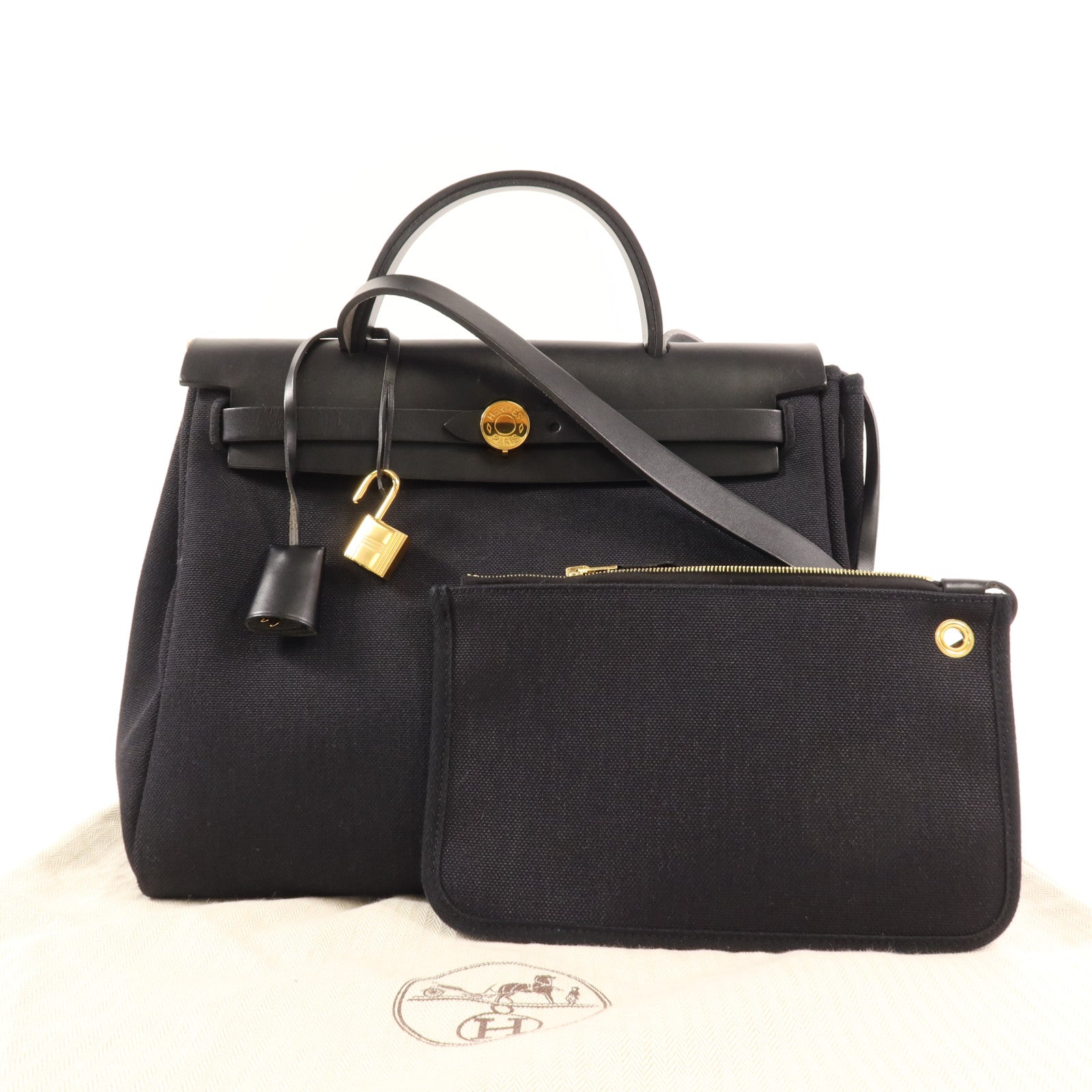 HERMES 帆布/皮革Herbag PM金扣手挽肩背兩用袋Noir