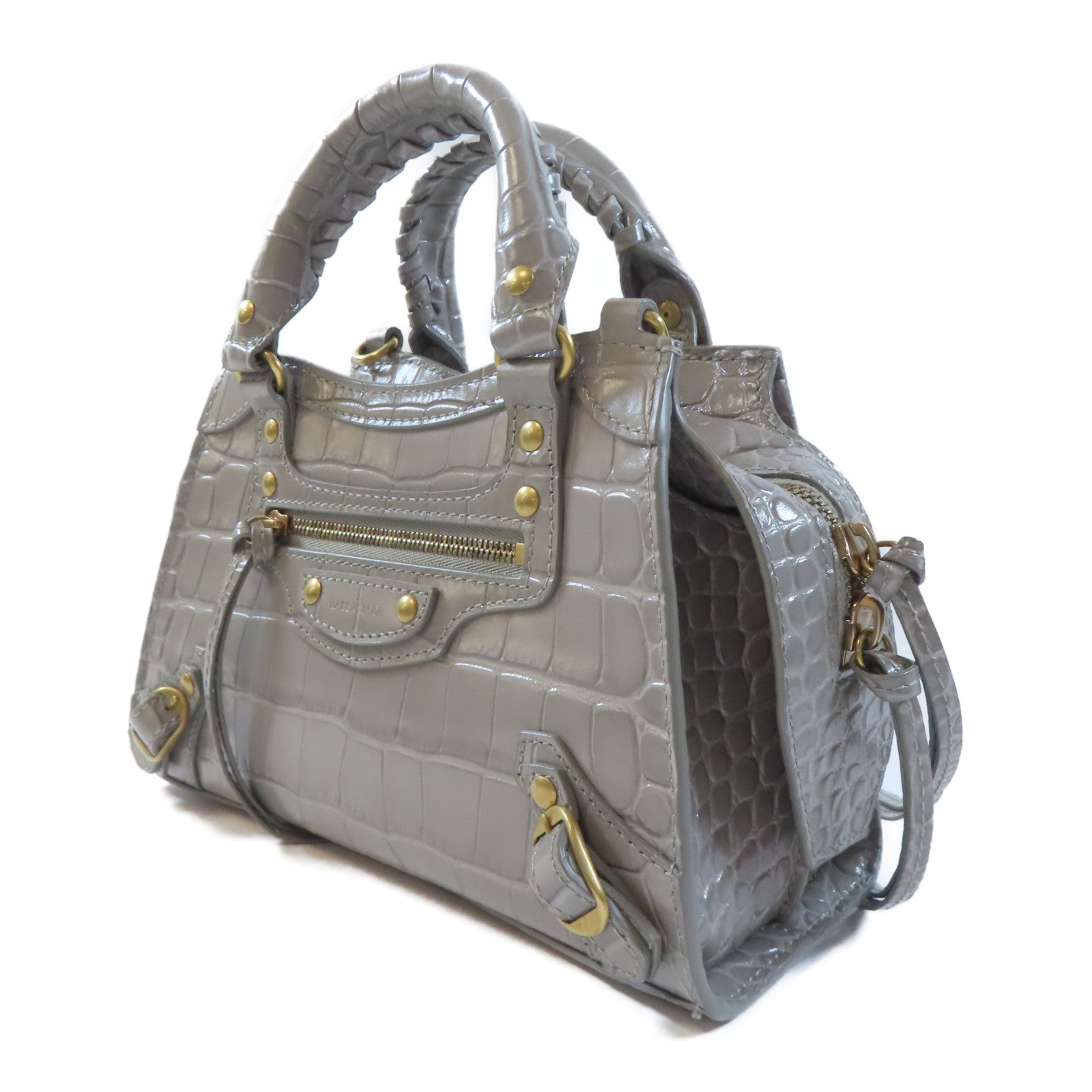 BALENCIAGA 牛皮皮革Neo Classic Mini金扣手挽肩背兩用袋灰色