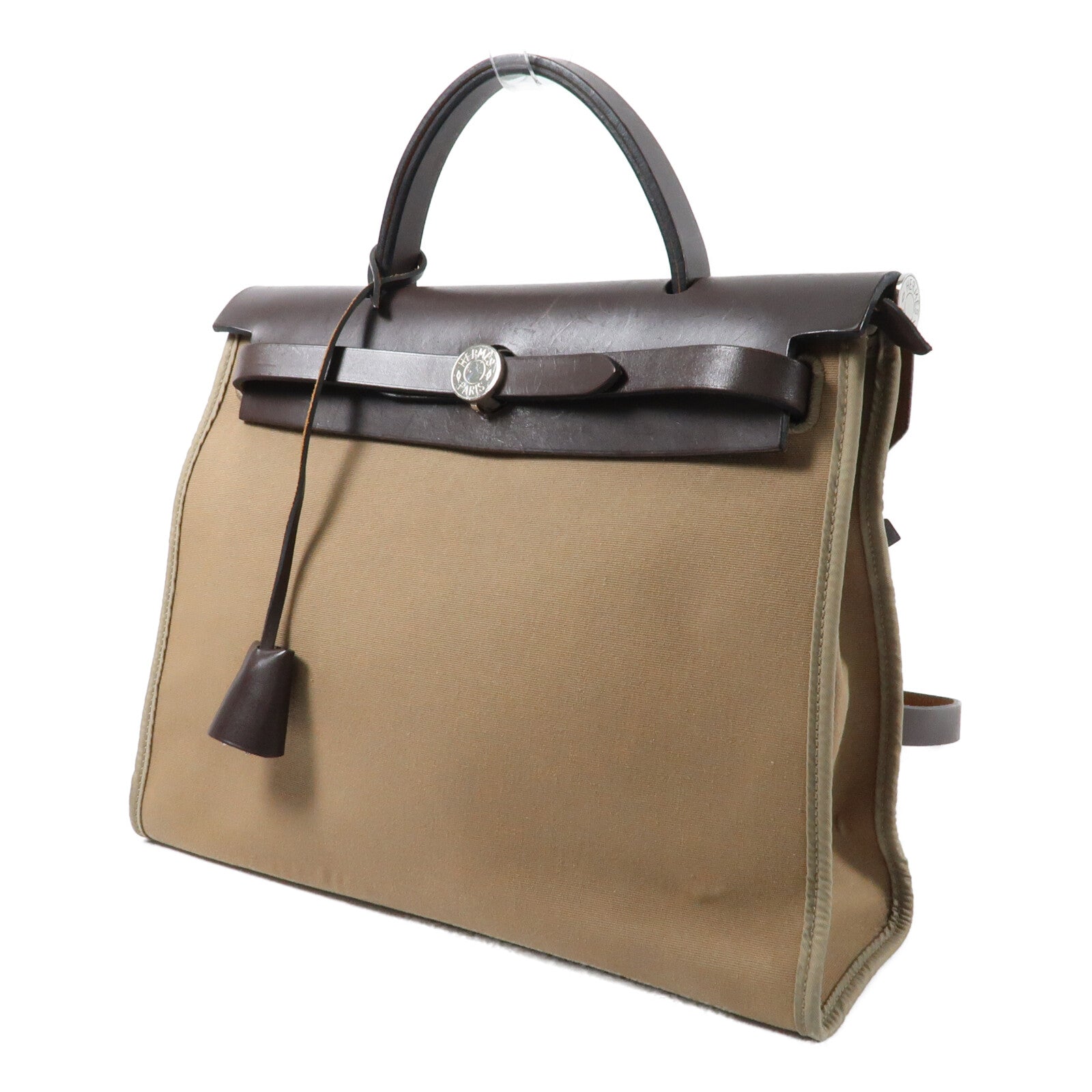HERMES 帆布/牛皮皮革Herbag PM銀扣手挽肩背兩用袋Etoupe