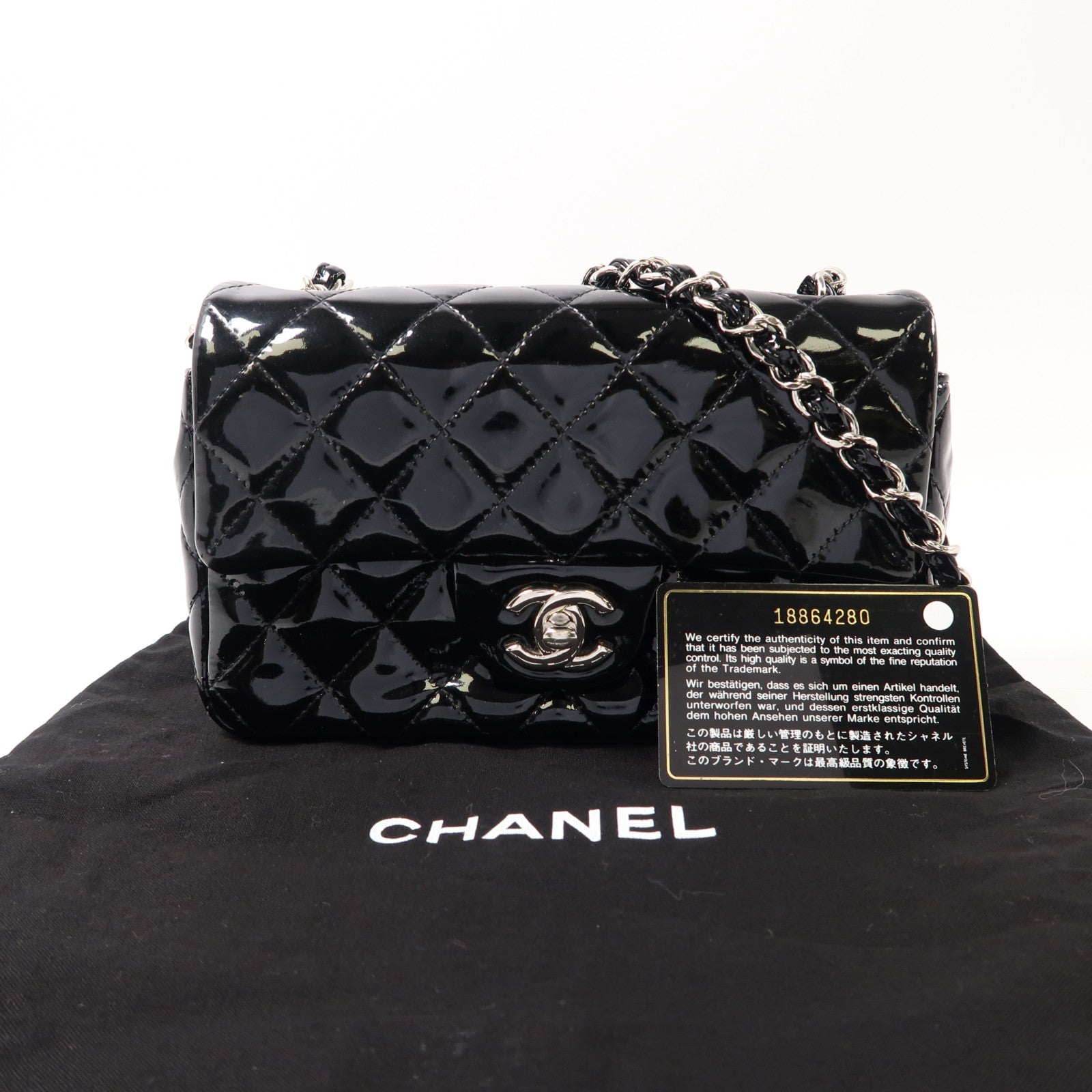 CHANEL 菱格漆皮皮革Chain Shoulder銀扣鏈帶肩背袋黑色