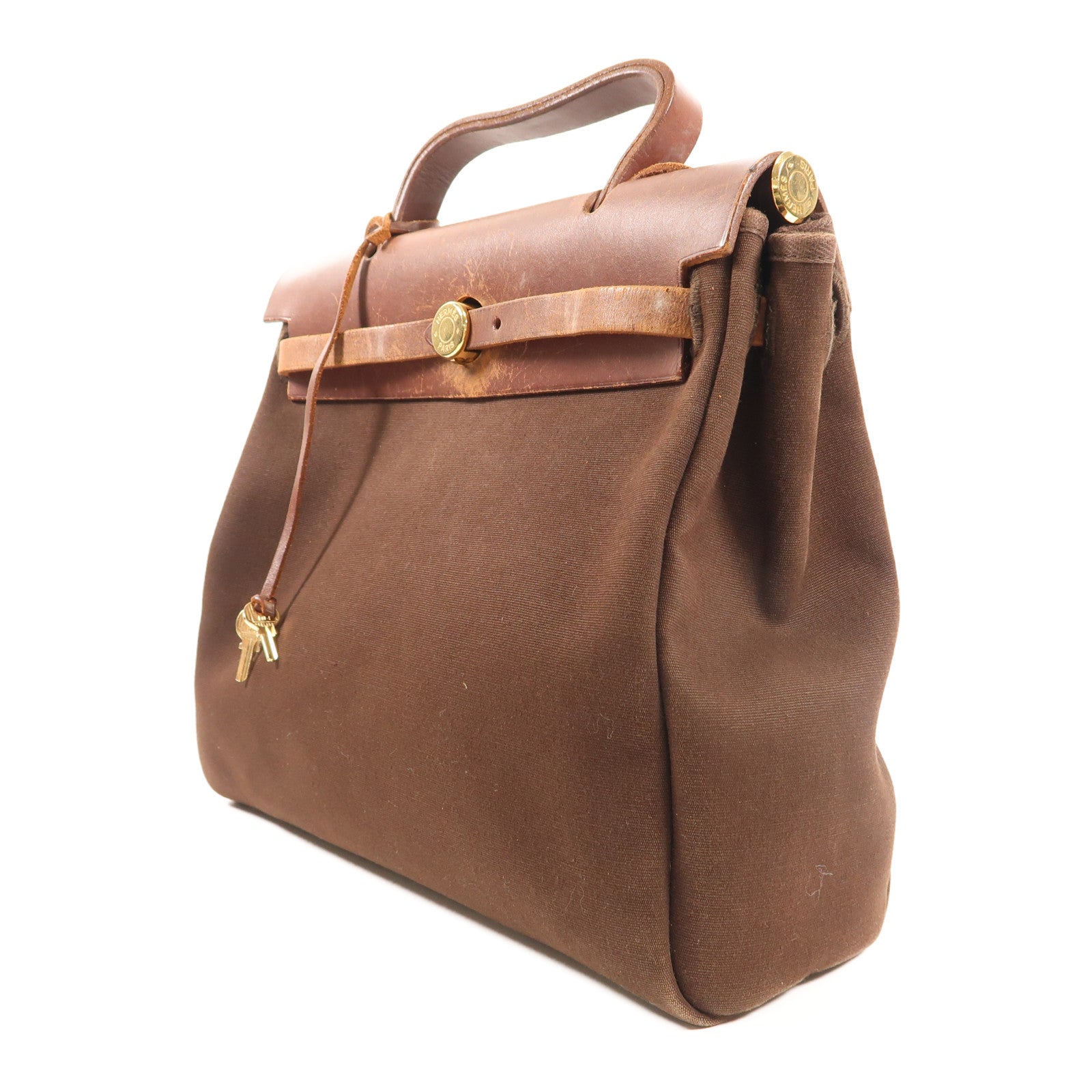 HERMES 帆布Herbag PM金扣手挽肩背兩用袋啡色