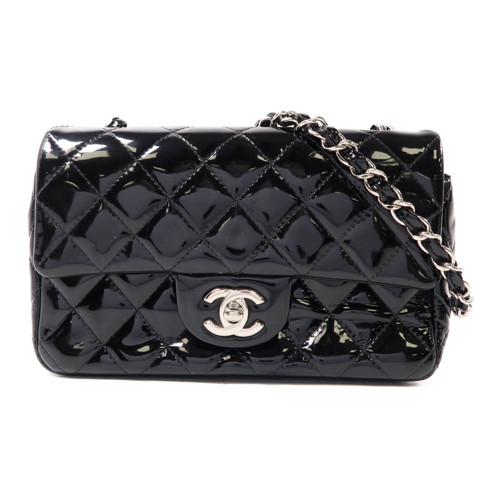 CHANEL 菱格漆皮皮革Chain Shoulder銀扣鏈帶肩背袋黑色