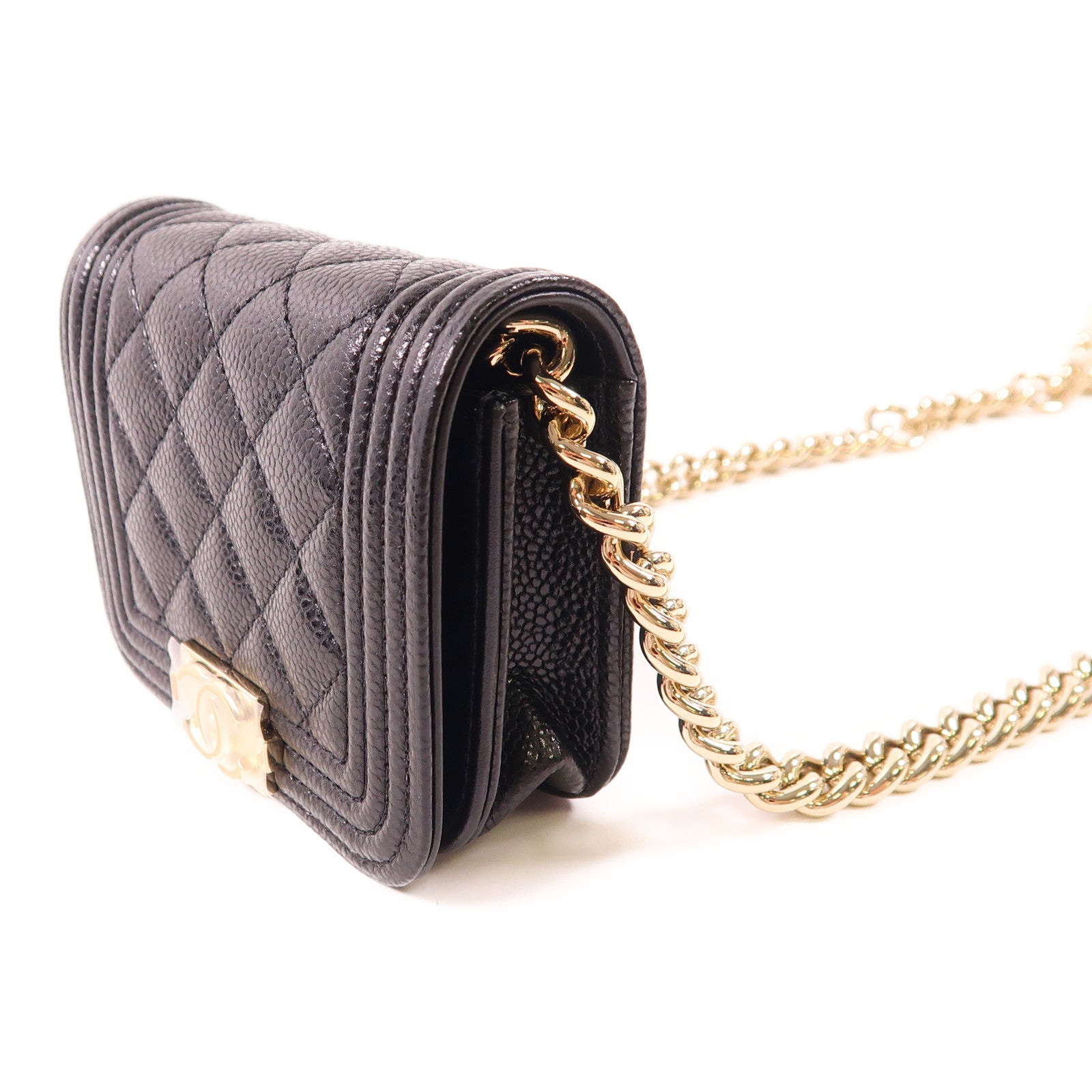 CHANEL 牛皮皮革Boy金扣鏈帶肩背袋