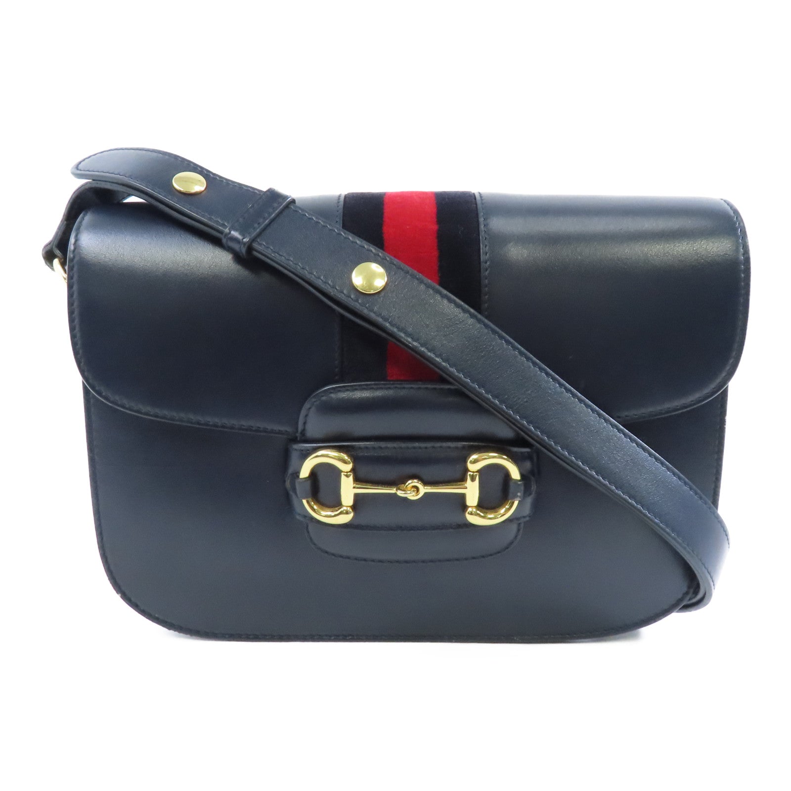 GUCCI 【激減優惠】牛皮皮革/絨面革Horsebit 1955金扣肩背袋深藍色