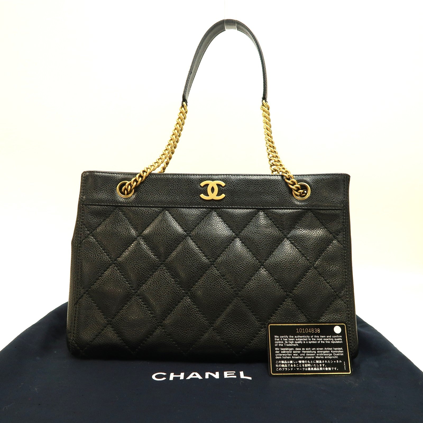CHANEL 菱格Caviar皮革Chain Shoulder Bag金扣鏈帶肩背袋黑色