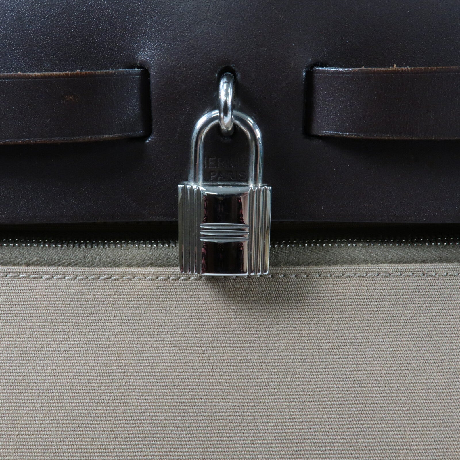 HERMES 帆布/牛皮皮革Herbag PM銀扣手挽肩背兩用袋Etoupe
