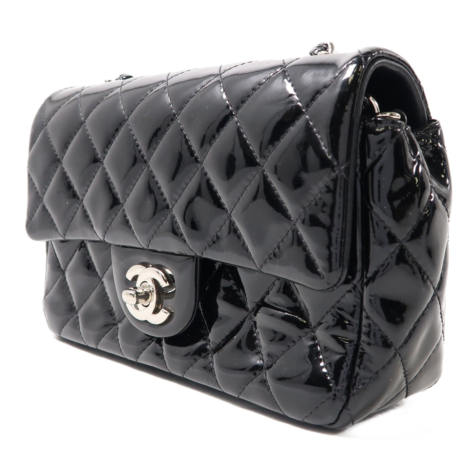 CHANEL 菱格漆皮皮革Chain Shoulder銀扣鏈帶肩背袋黑色