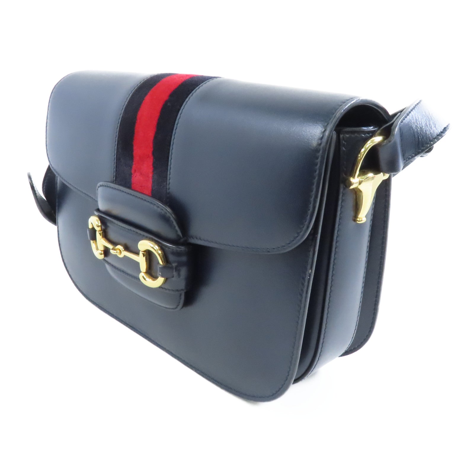 GUCCI 【激減優惠】牛皮皮革/絨面革Horsebit 1955金扣肩背袋深藍色