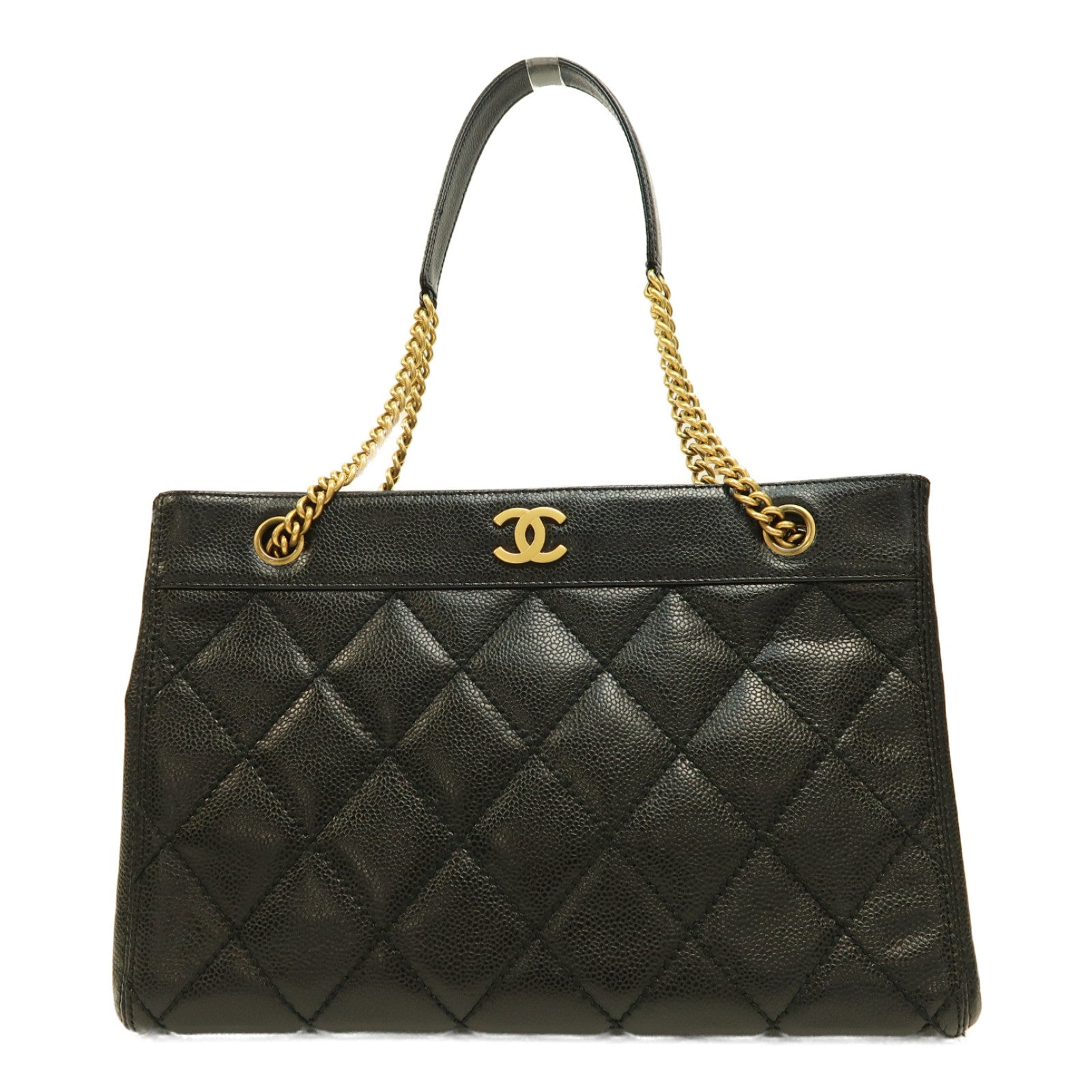 CHANEL 菱格Caviar皮革Chain Shoulder Bag金扣鏈帶肩背袋黑色