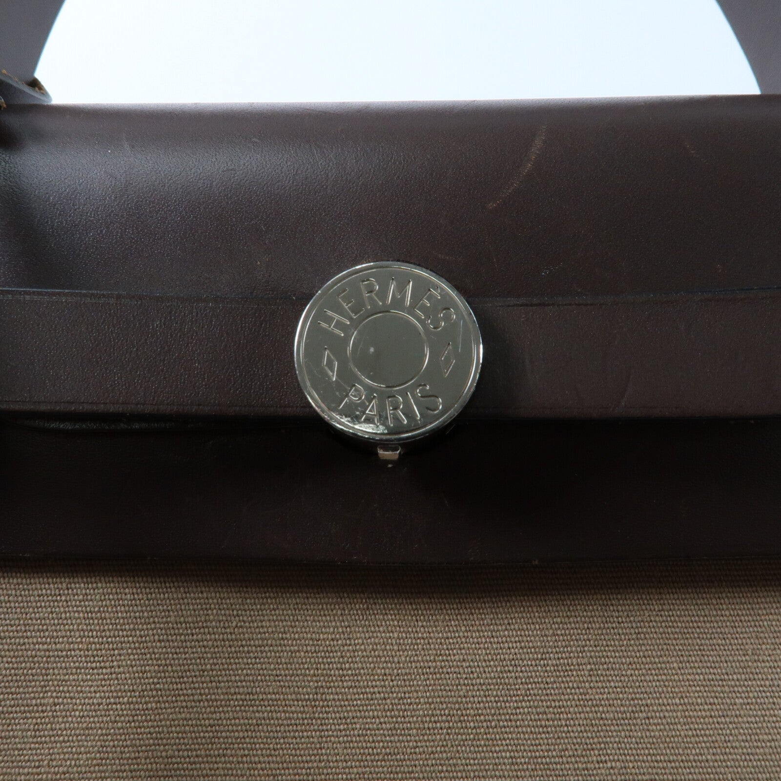 HERMES 帆布/牛皮皮革Herbag PM銀扣手挽肩背兩用袋Etoupe