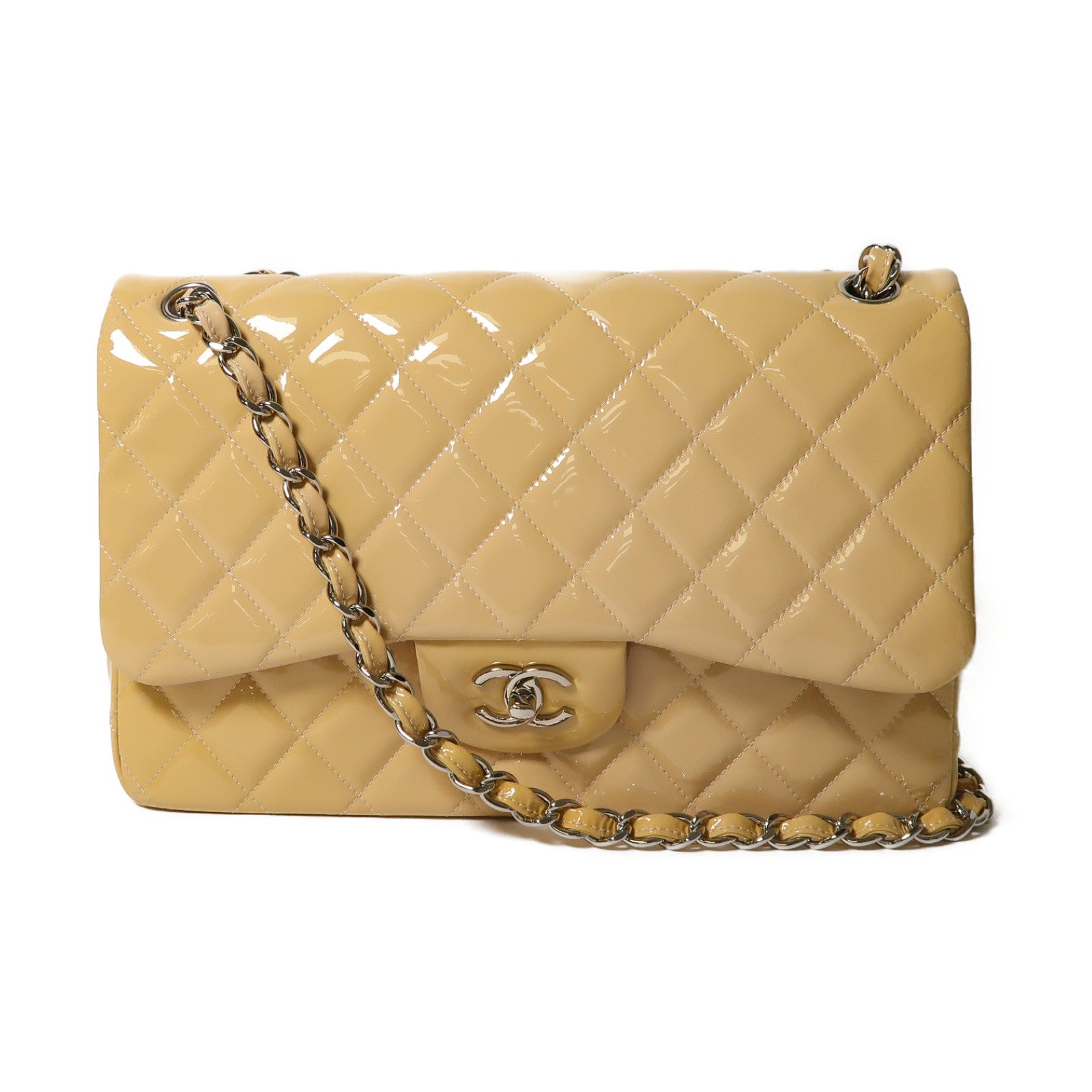 CHANEL 菱格漆皮皮革Large Classic銀扣鏈帶肩背袋米色