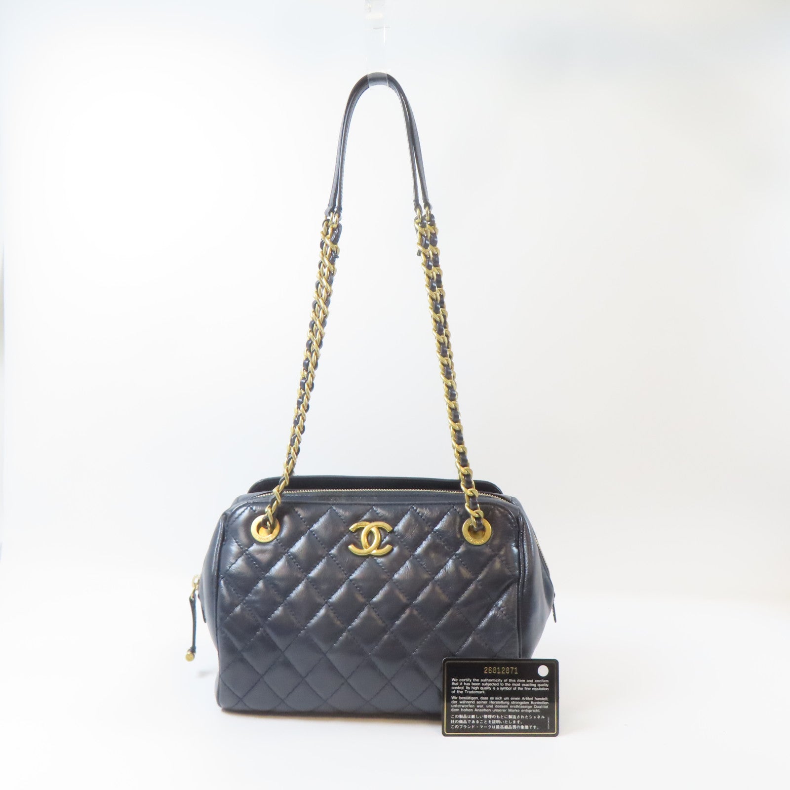 CHANEL 菱格牛皮皮革Coco Mark Chain Bag金扣鏈帶肩背袋深藍色
