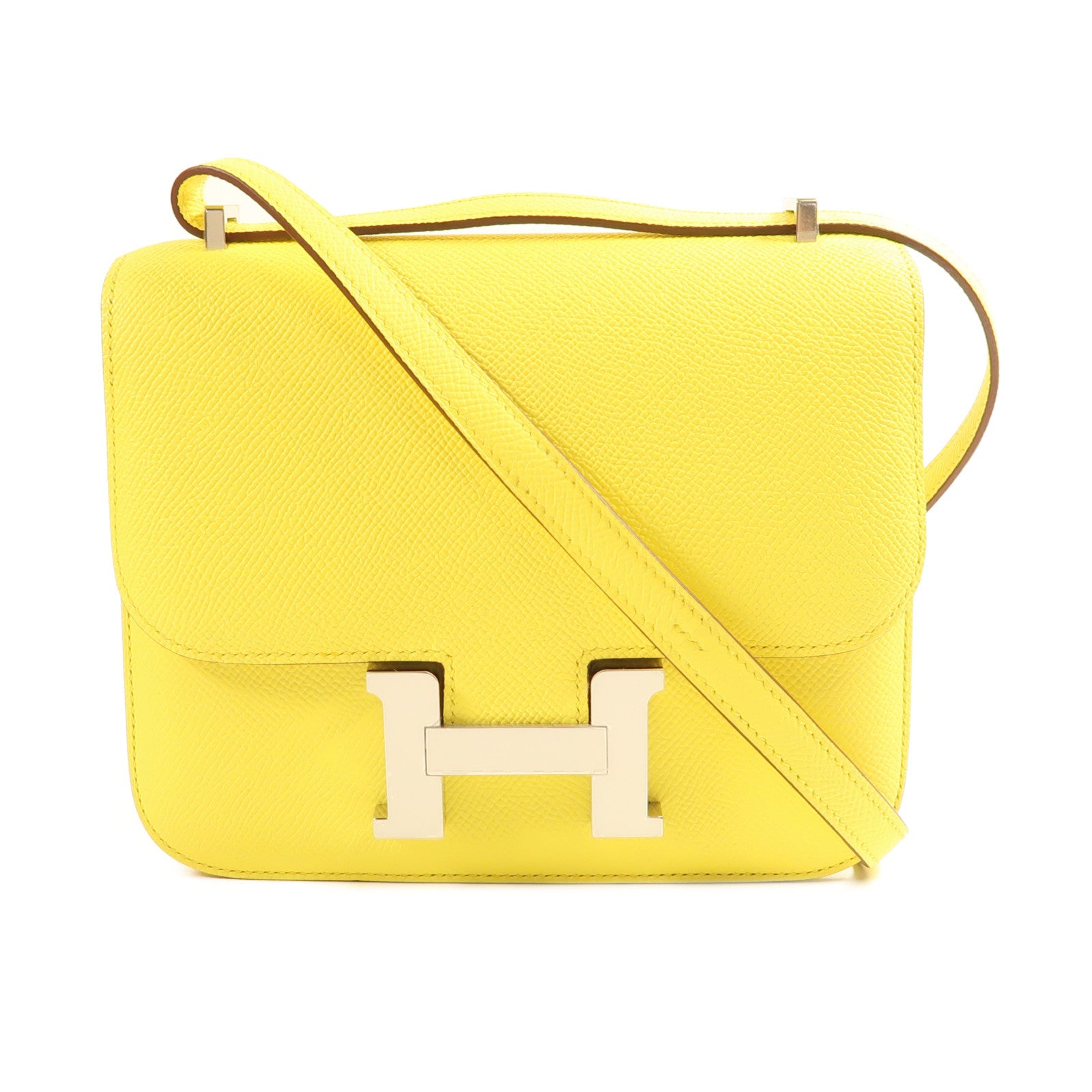 HERMES Epsom皮革Constance Mini 3銀扣肩背袋Jaune Citron