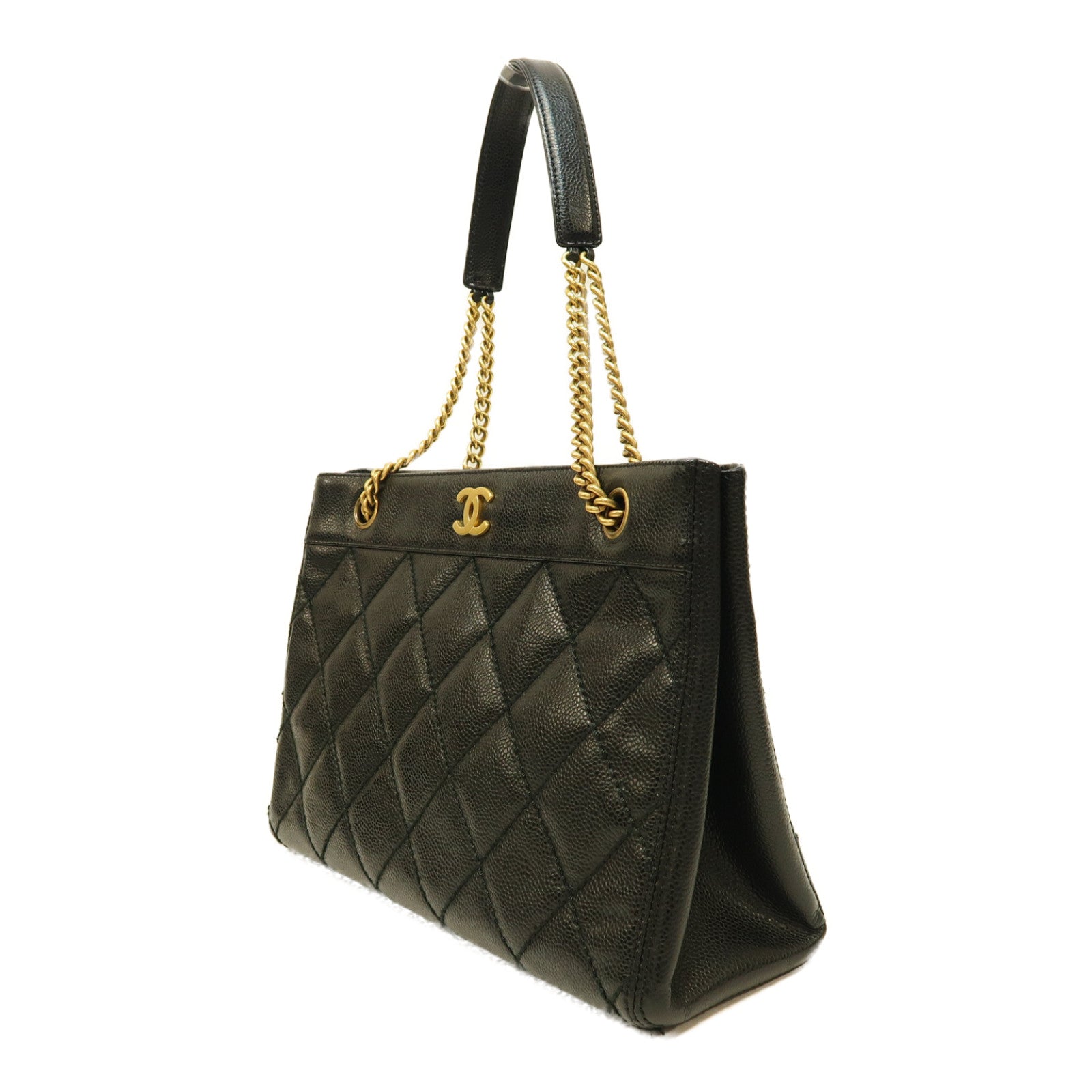 CHANEL 菱格Caviar皮革Chain Shoulder Bag金扣鏈帶肩背袋黑色
