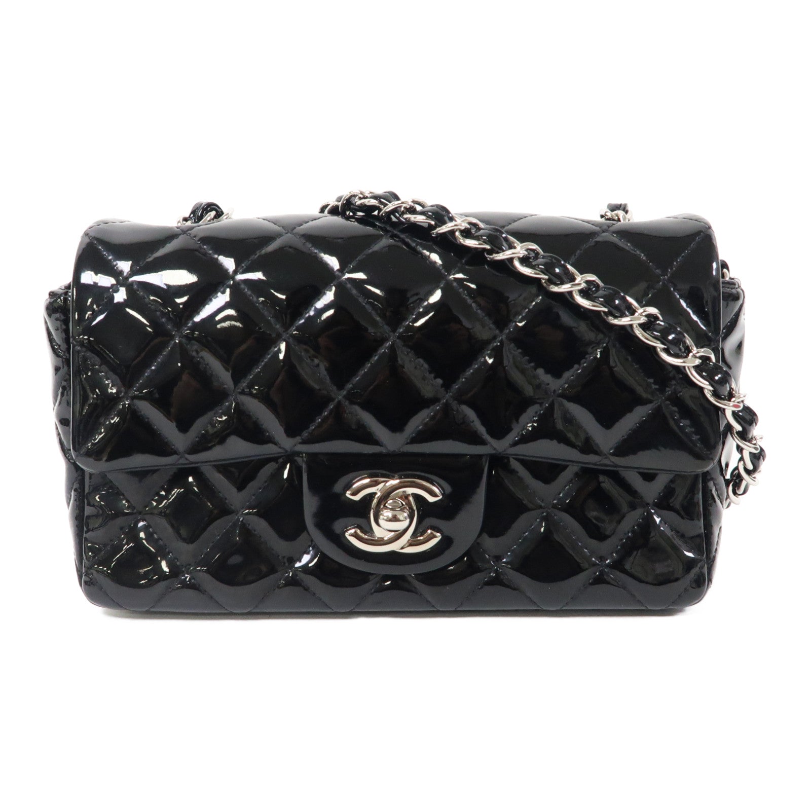 CHANEL 菱格漆皮皮革Classic 20cm銀扣肩背袋黑色