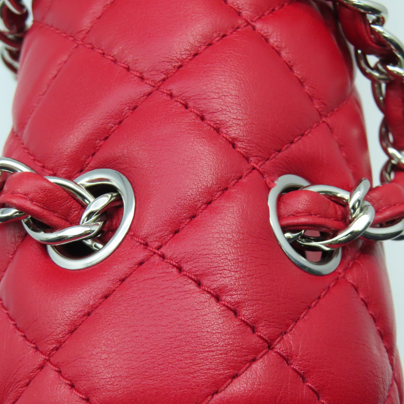 CHANEL 菱格牛皮皮革Chain Shoulder Bag銀扣鏈帶肩背袋紅色