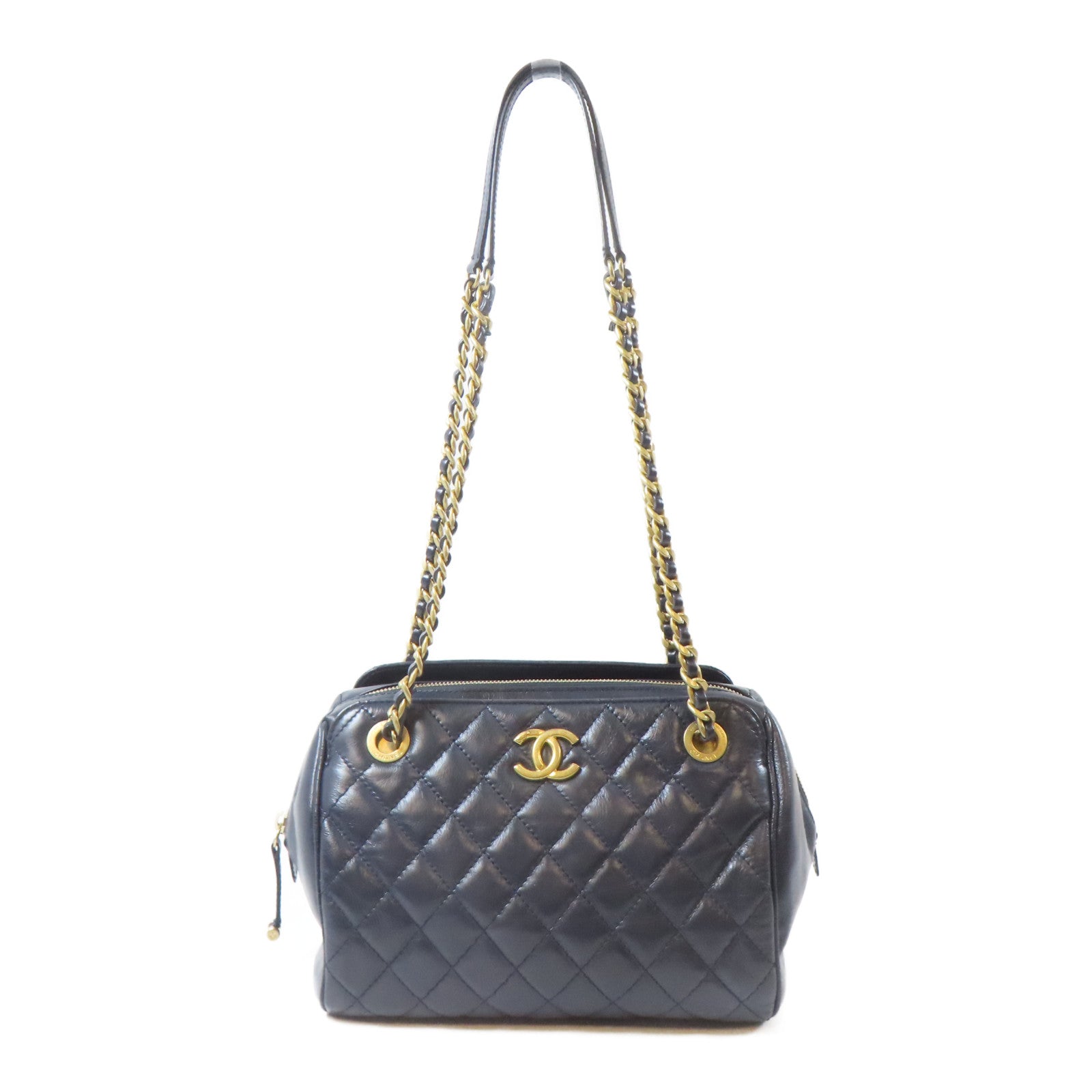CHANEL 菱格牛皮皮革Coco Mark Chain Bag金扣鏈帶肩背袋深藍色