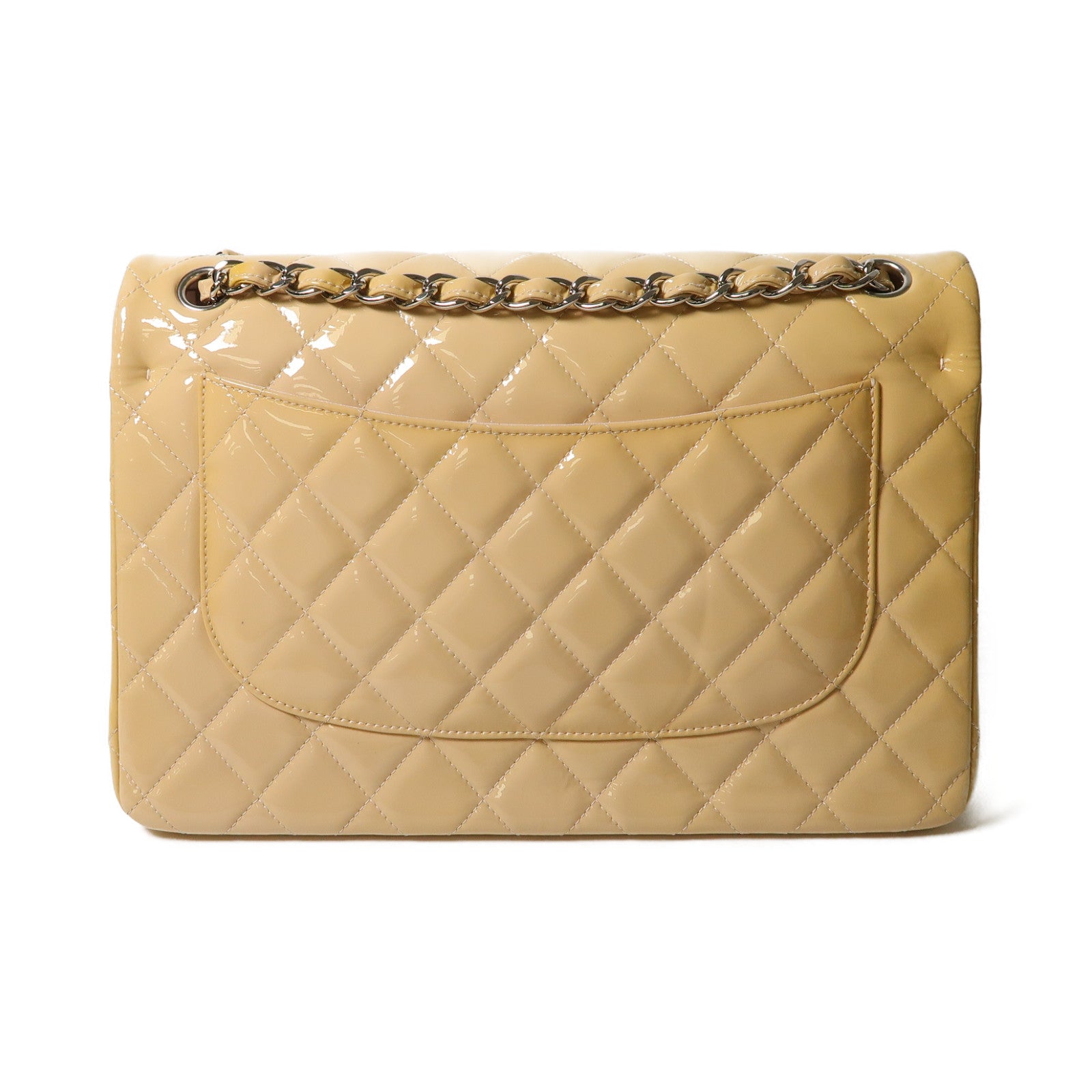 CHANEL 菱格漆皮皮革Large Classic銀扣鏈帶肩背袋米色