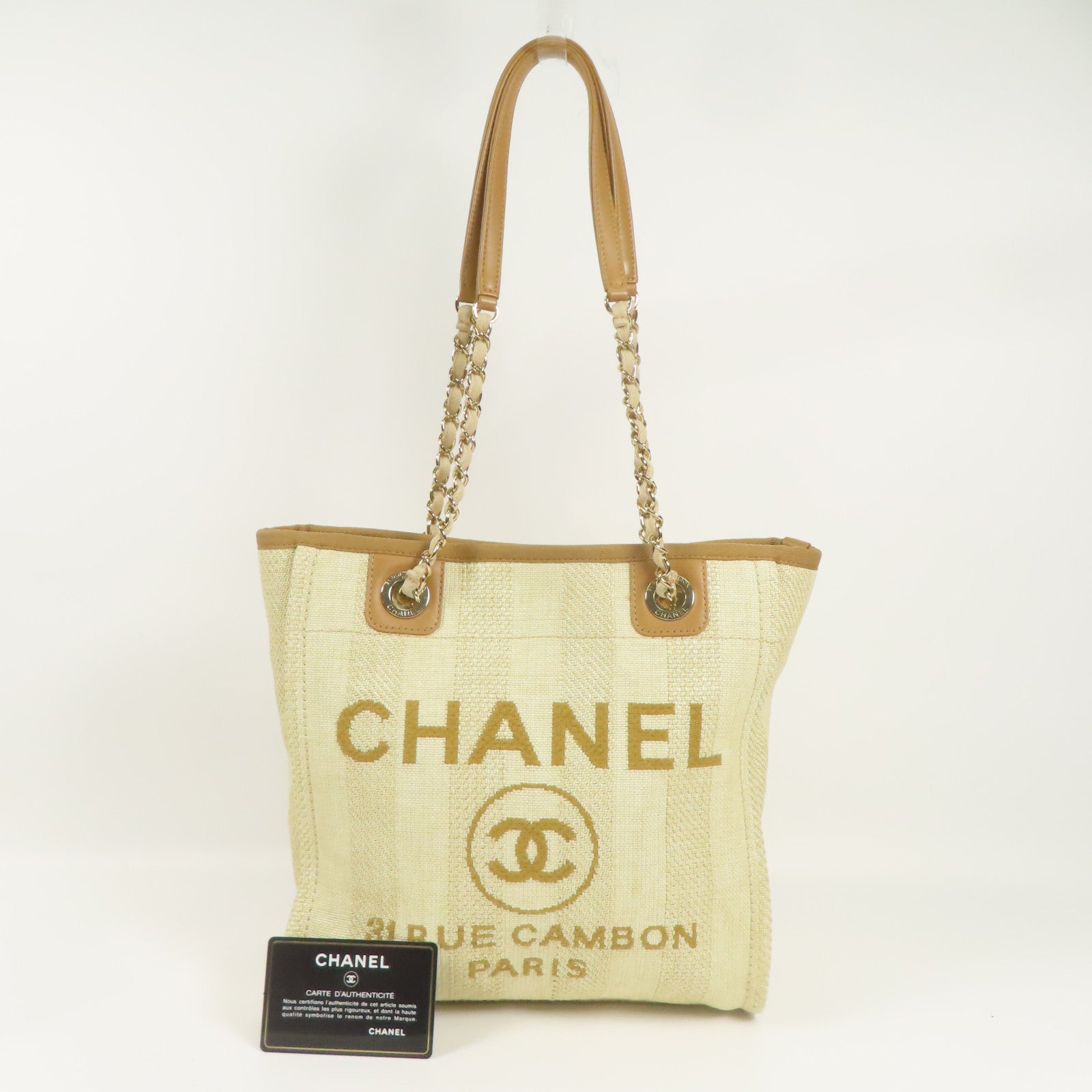 CHANEL 帆布Deauville PM金扣鏈帶肩背袋