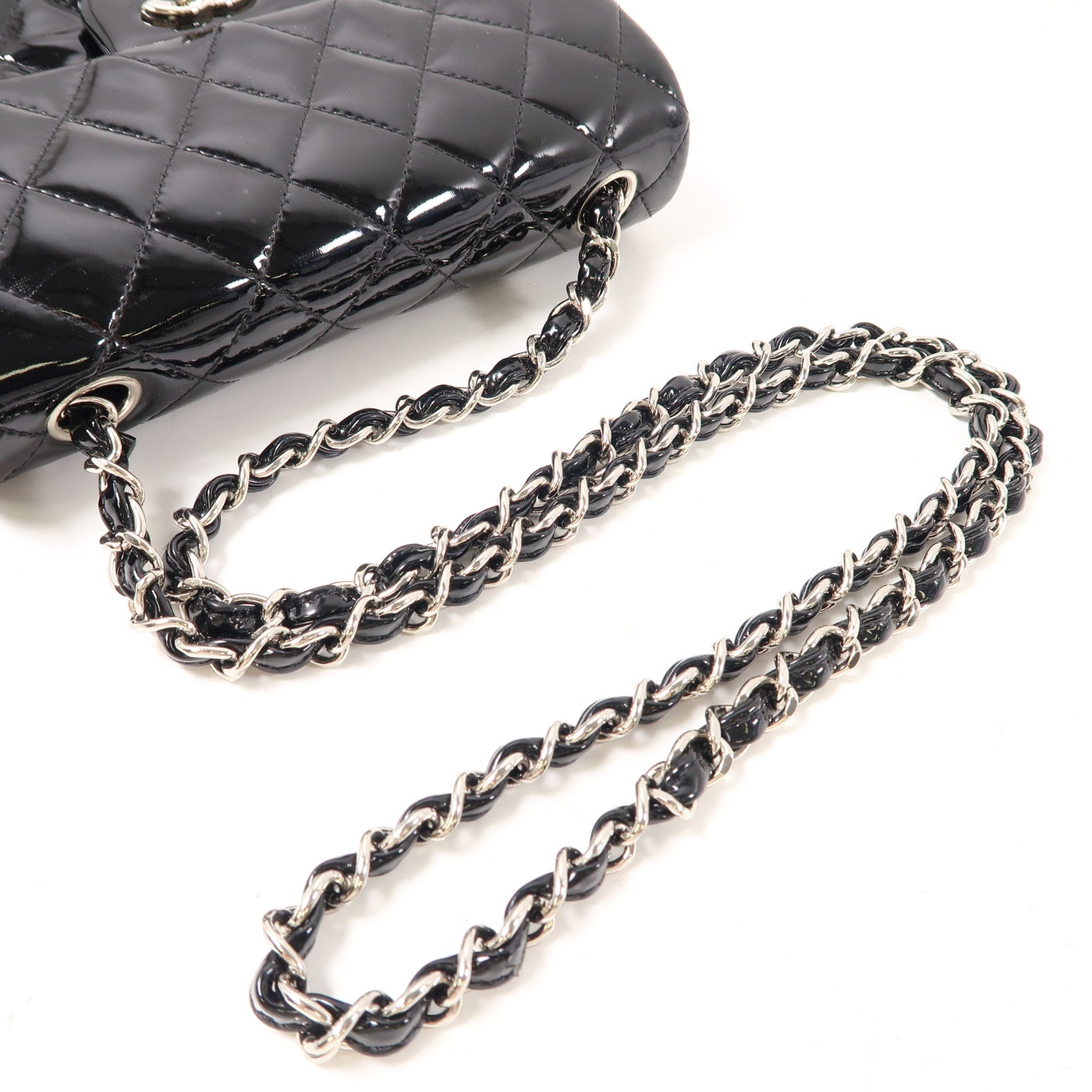 CHANEL 菱格漆皮皮革Chain Shoulder銀扣鏈帶肩背袋黑色