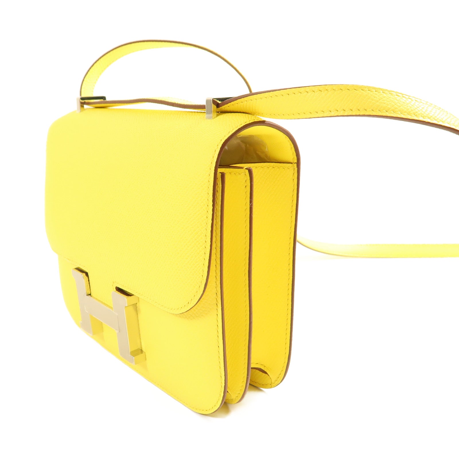 HERMES Epsom皮革Constance Mini 3銀扣肩背袋Jaune Citron