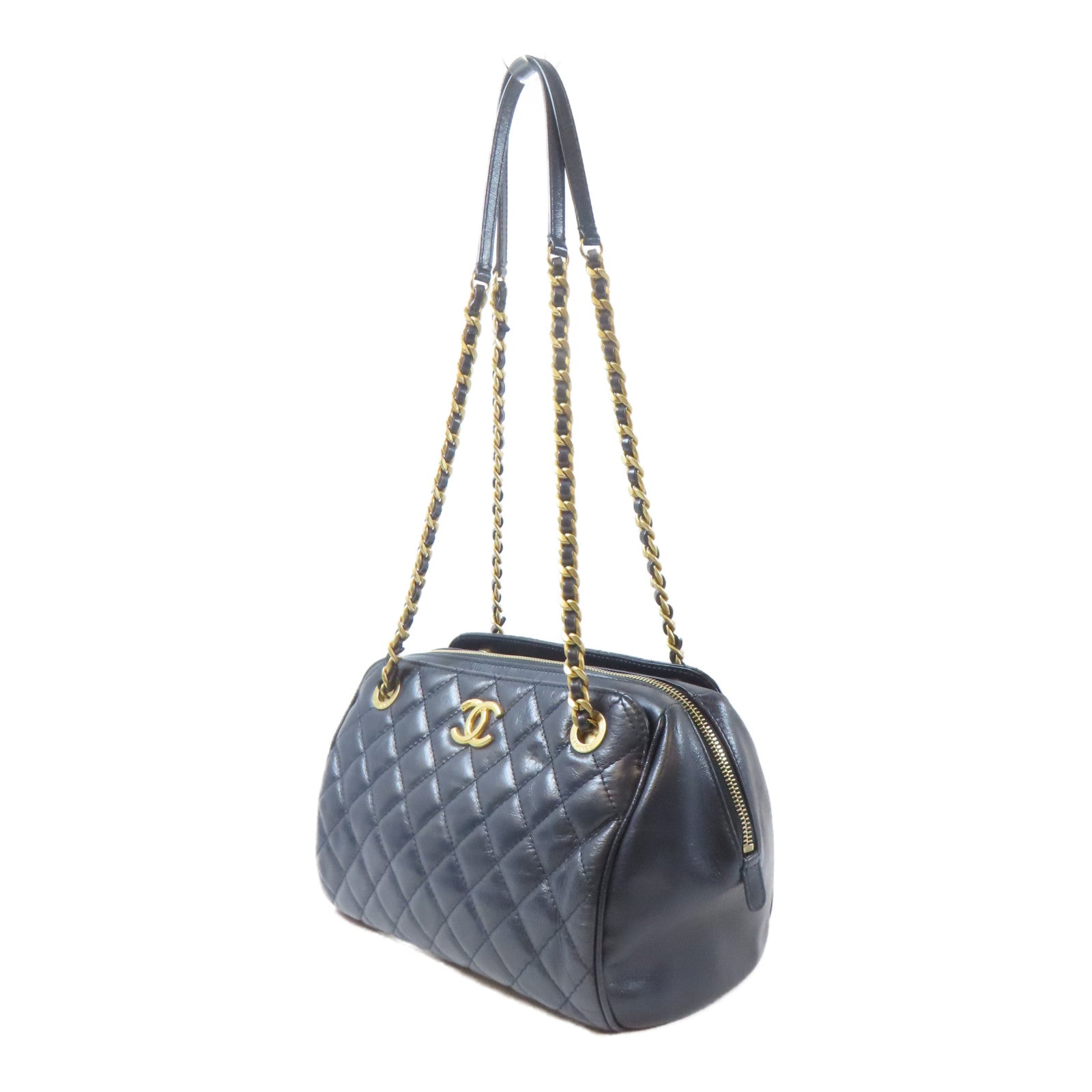 CHANEL 菱格牛皮皮革Coco Mark Chain Bag金扣鏈帶肩背袋深藍色