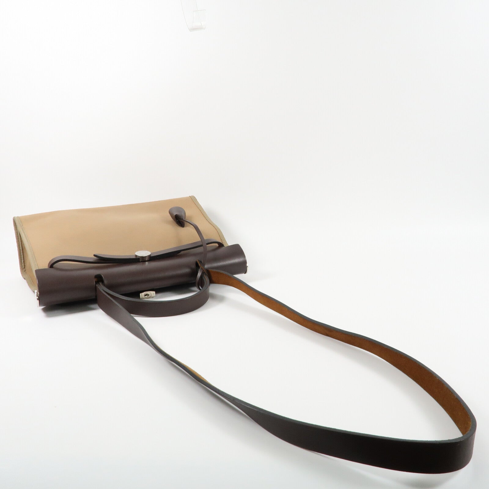 HERMES 帆布/牛皮皮革Herbag PM銀扣手挽肩背兩用袋Etoupe