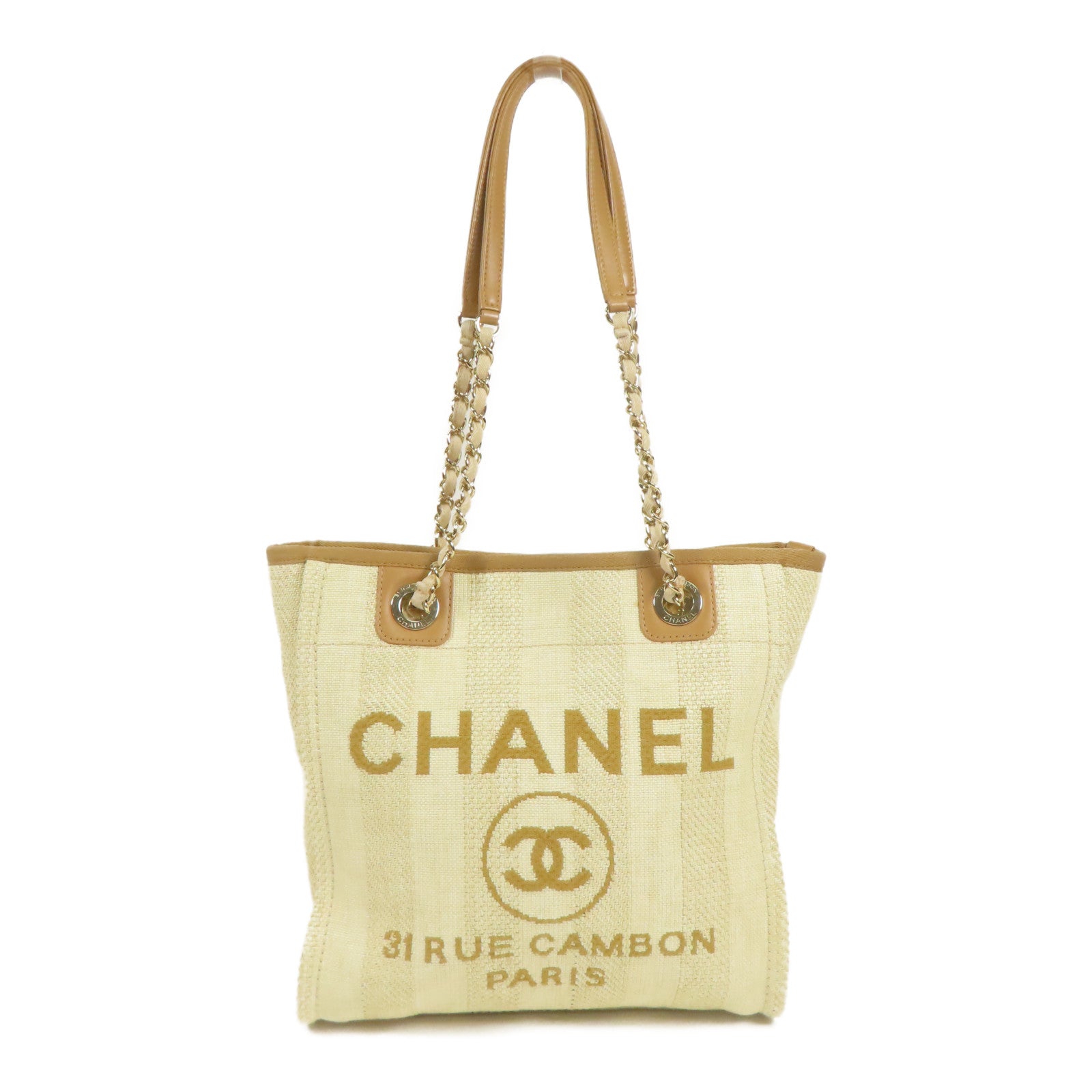 CHANEL 帆布Deauville PM金扣鏈帶肩背袋
