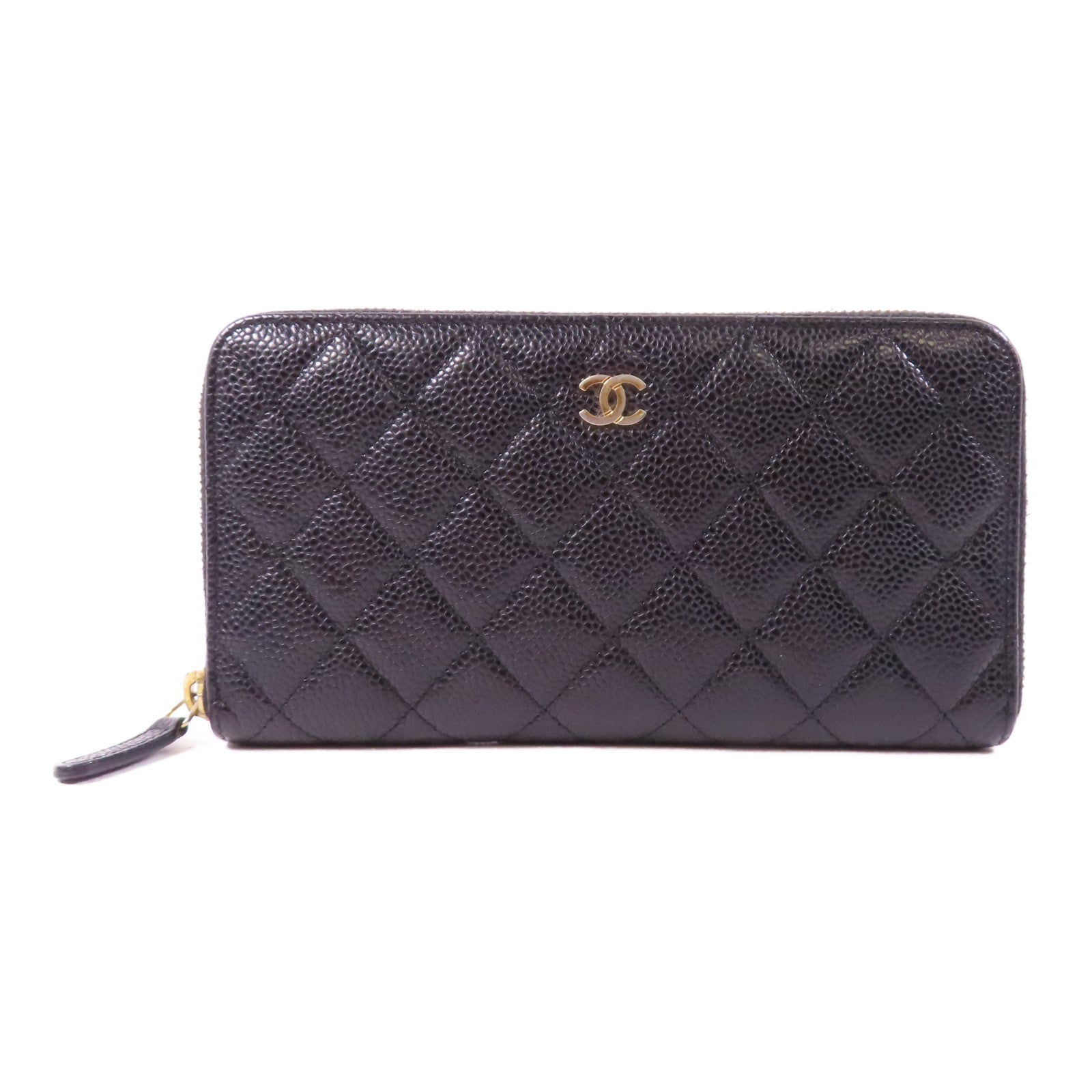 CHANEL 菱格牛皮皮革Long Zipper Wallet金扣長錢包黑色