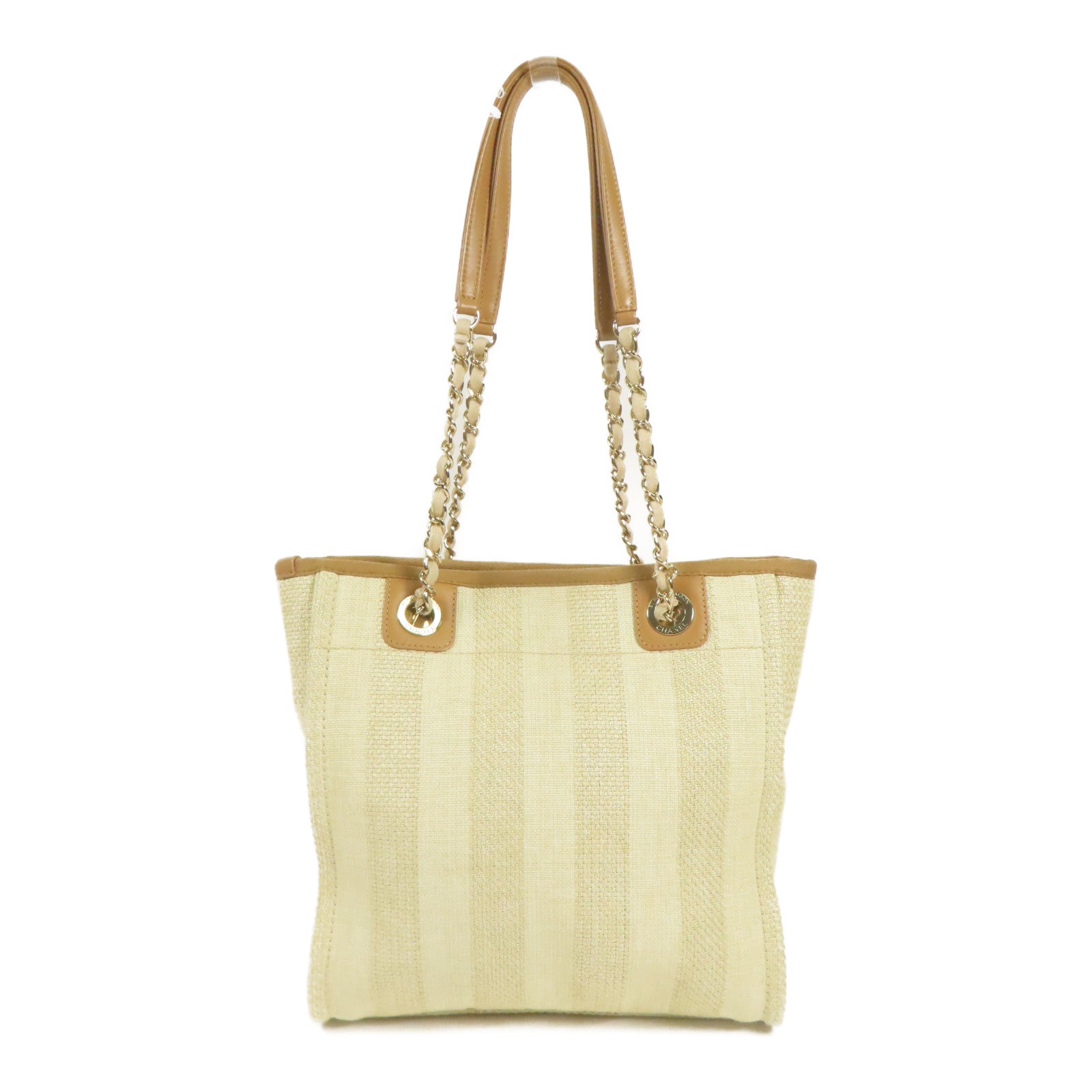 CHANEL 帆布Deauville PM金扣鏈帶肩背袋
