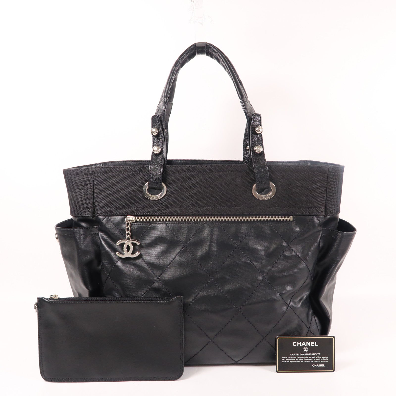 CHANEL 【激減優惠】塗層帆布/皮革Tote Bag銀扣肩背袋