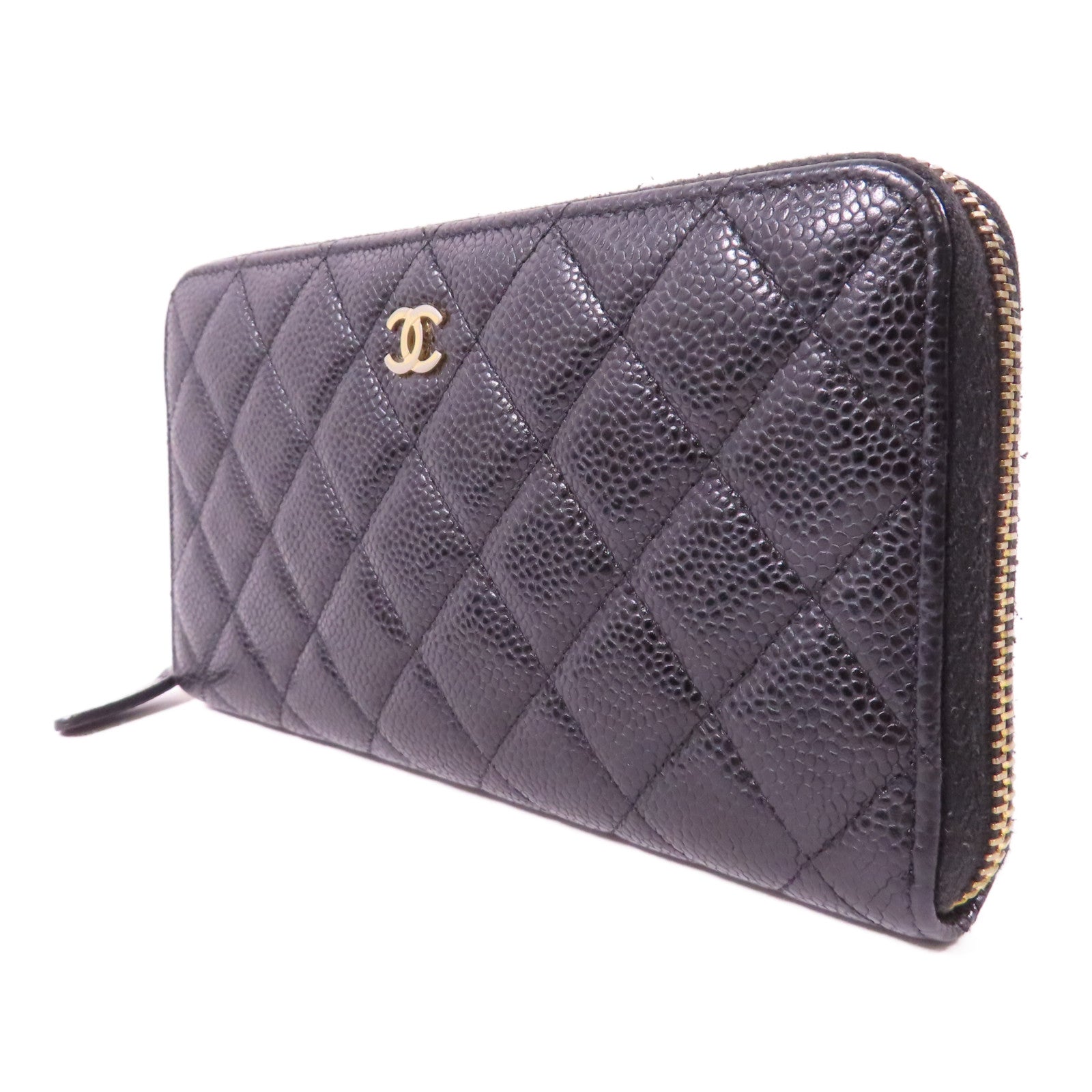 CHANEL 菱格牛皮皮革Long Zipper Wallet金扣長錢包黑色