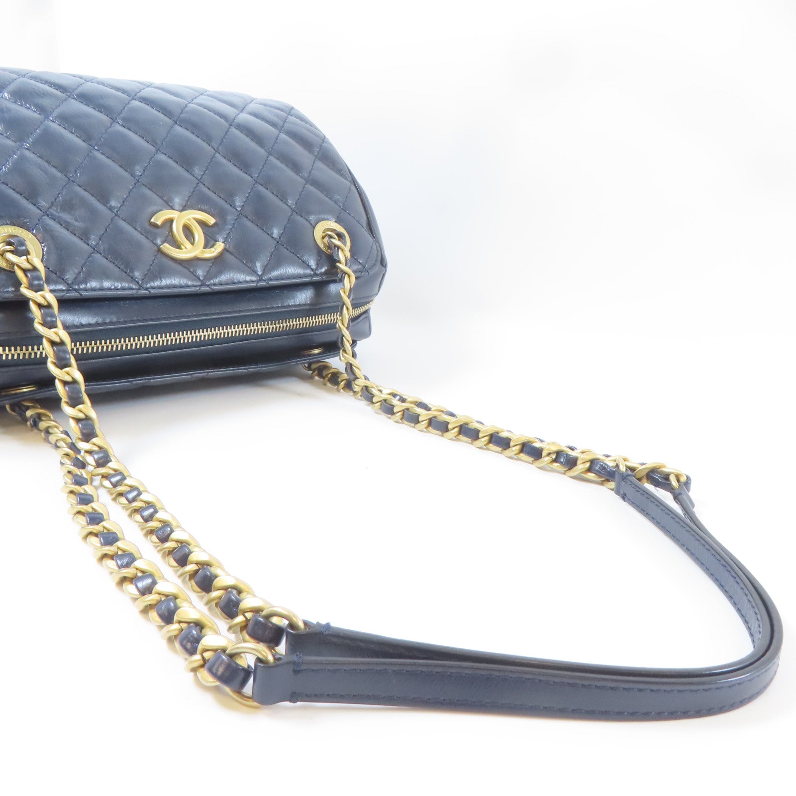 CHANEL 菱格牛皮皮革Coco Mark Chain Bag金扣鏈帶肩背袋深藍色