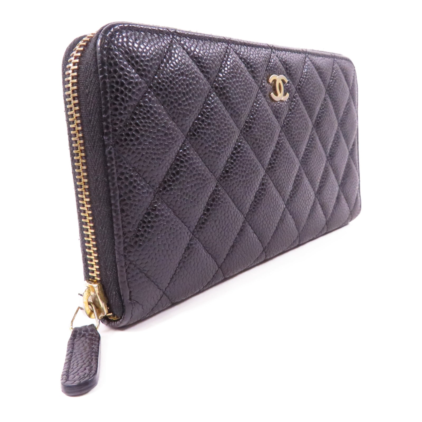 CHANEL 菱格牛皮皮革Long Zipper Wallet金扣長錢包黑色