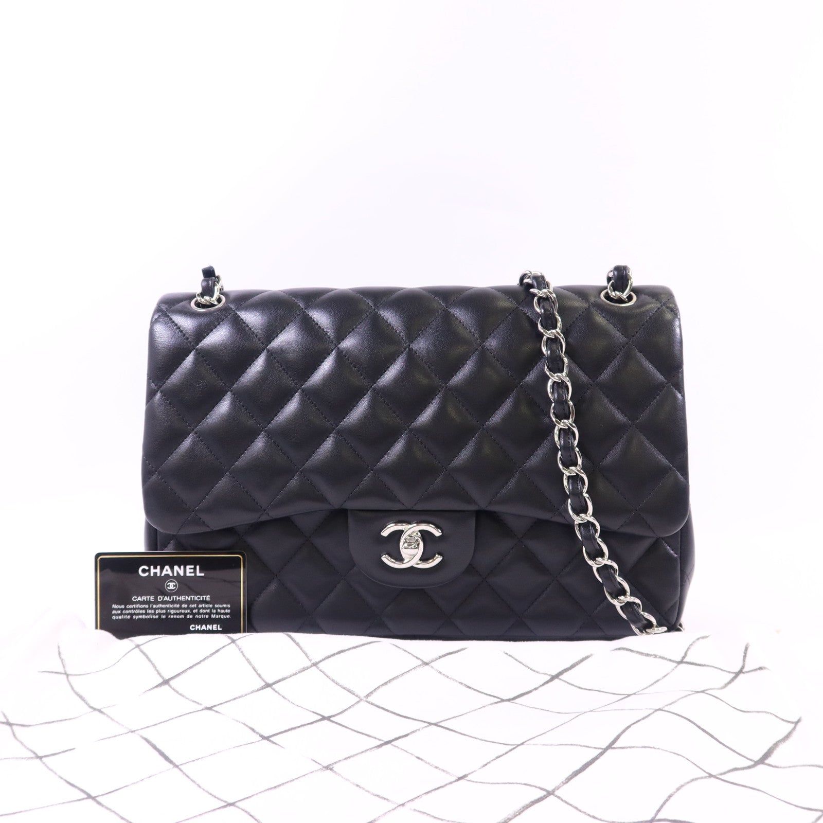 CHANEL 羊皮皮革Large Classic銀扣鏈帶手挽肩背兩用袋