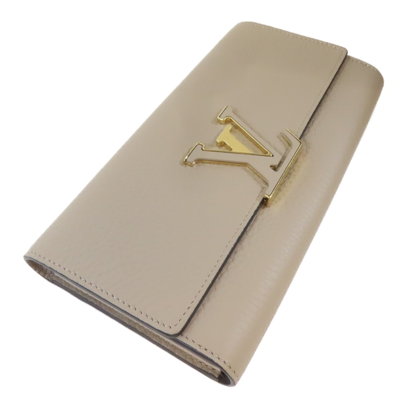 LOUIS VUITTON Taurillon皮革Capucines Wallet金扣長錢包淺褐色