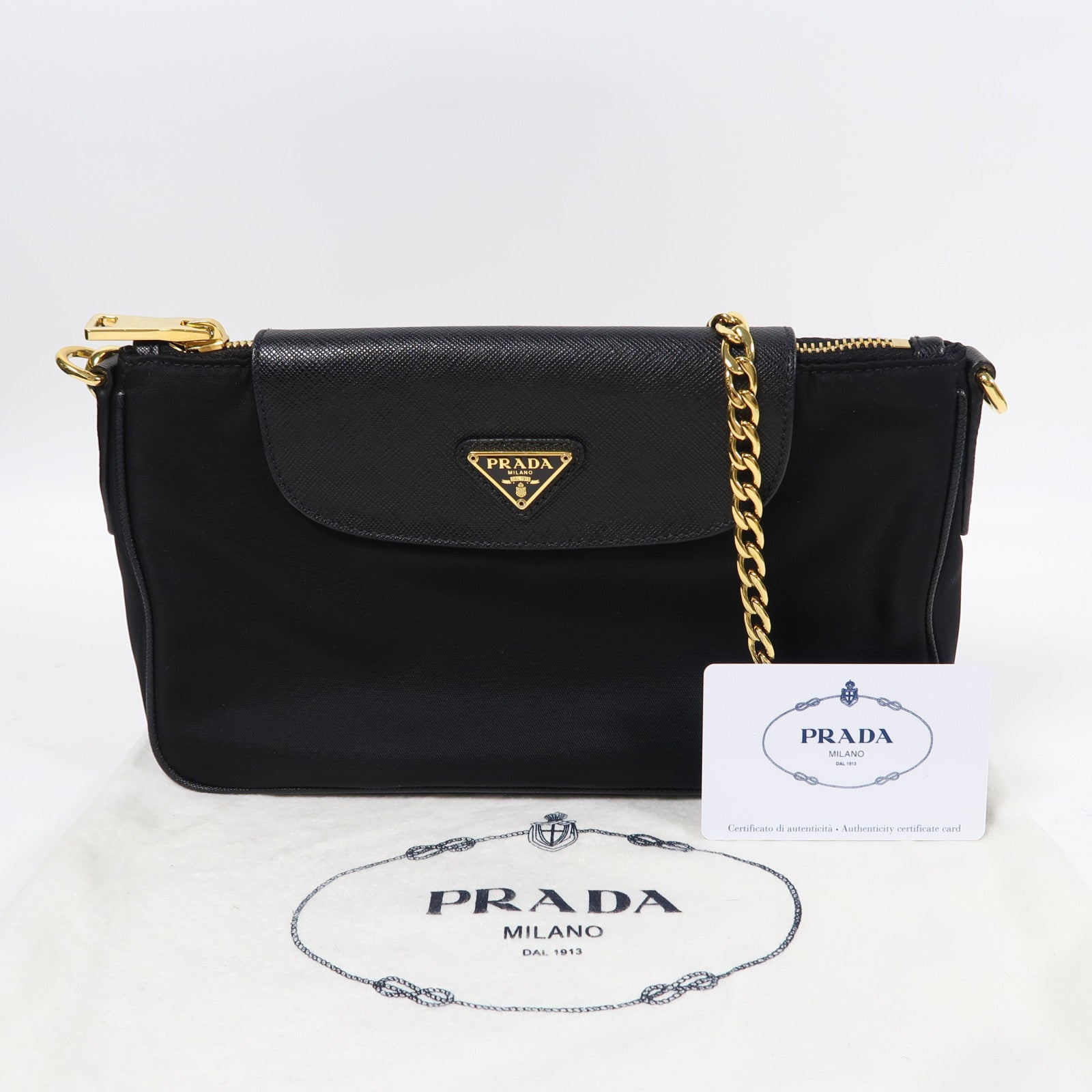 PRADA 尼龍/Saffiano皮革Saffiano Leather Chain Shoulder金扣鏈帶肩背袋黑色