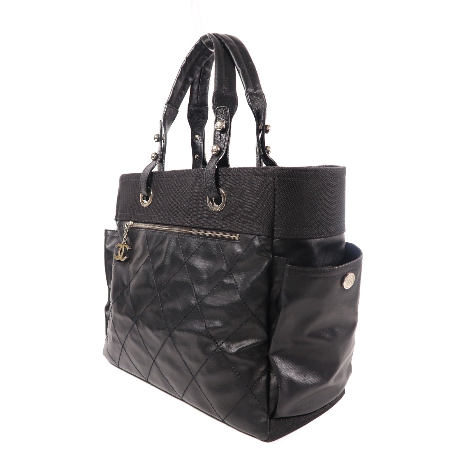 CHANEL 【激減優惠】塗層帆布/皮革Tote Bag銀扣肩背袋