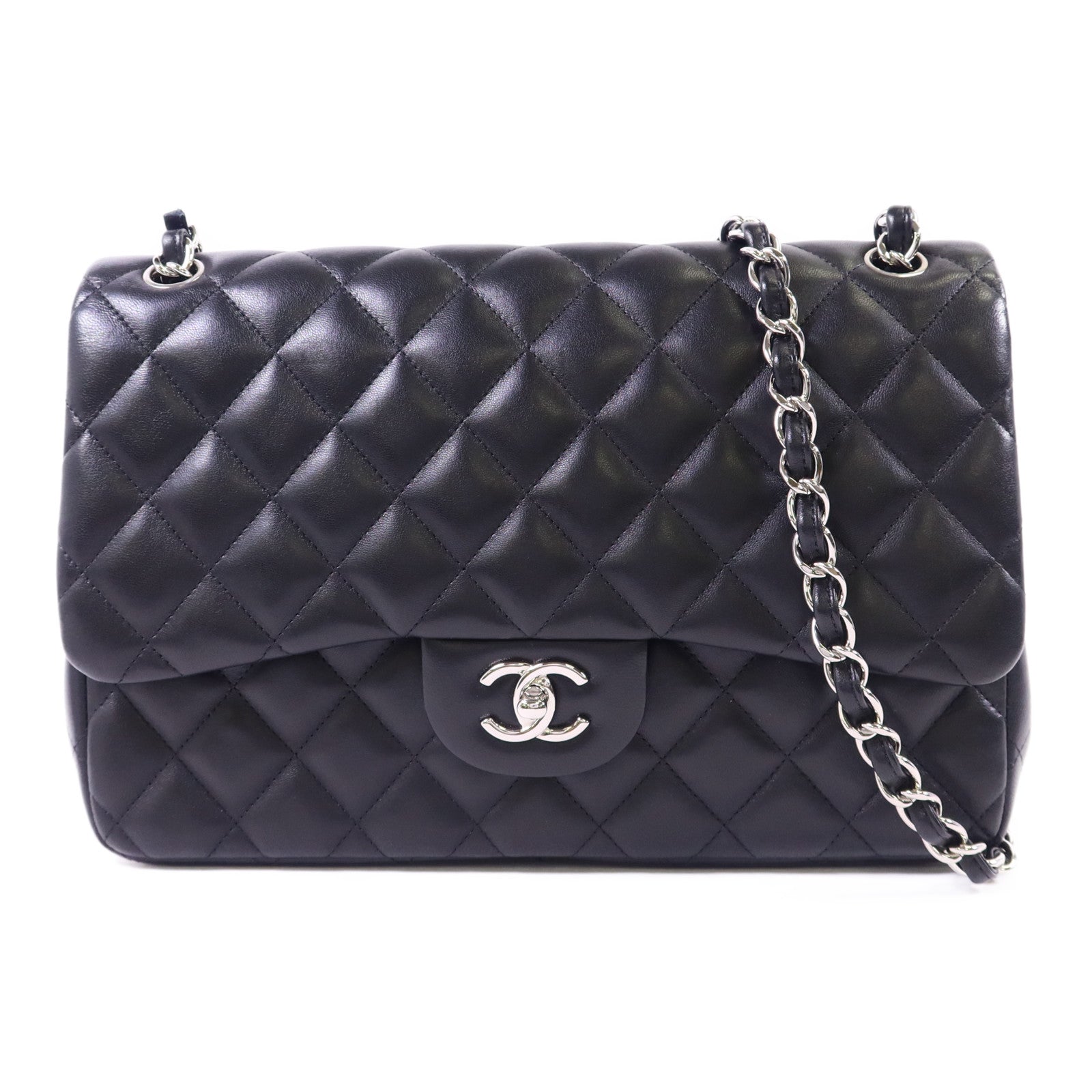 CHANEL 羊皮皮革Large Classic銀扣鏈帶手挽肩背兩用袋