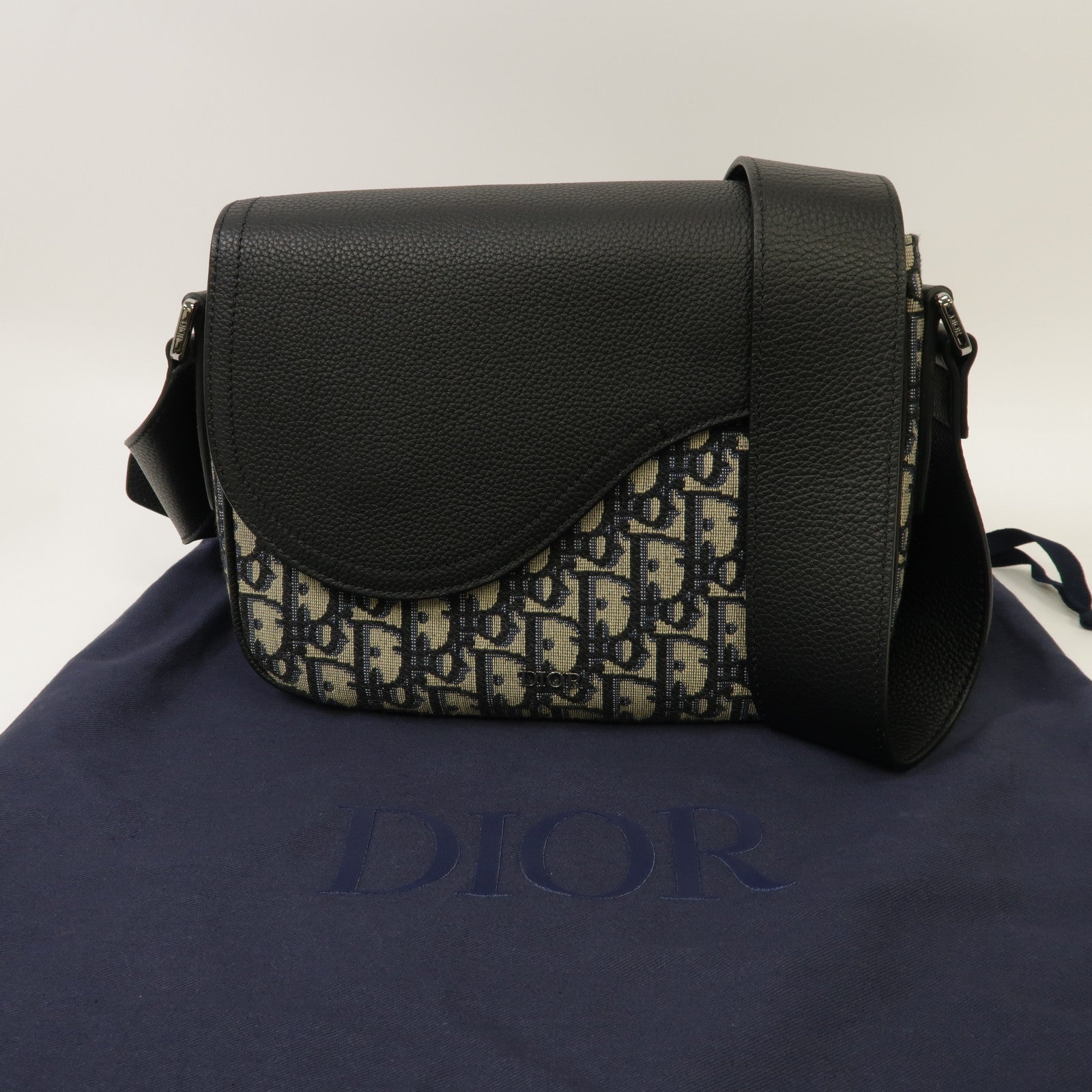 Dior 皮革/帆布Mini Saddle Messenger Bag銀扣肩背袋藍色