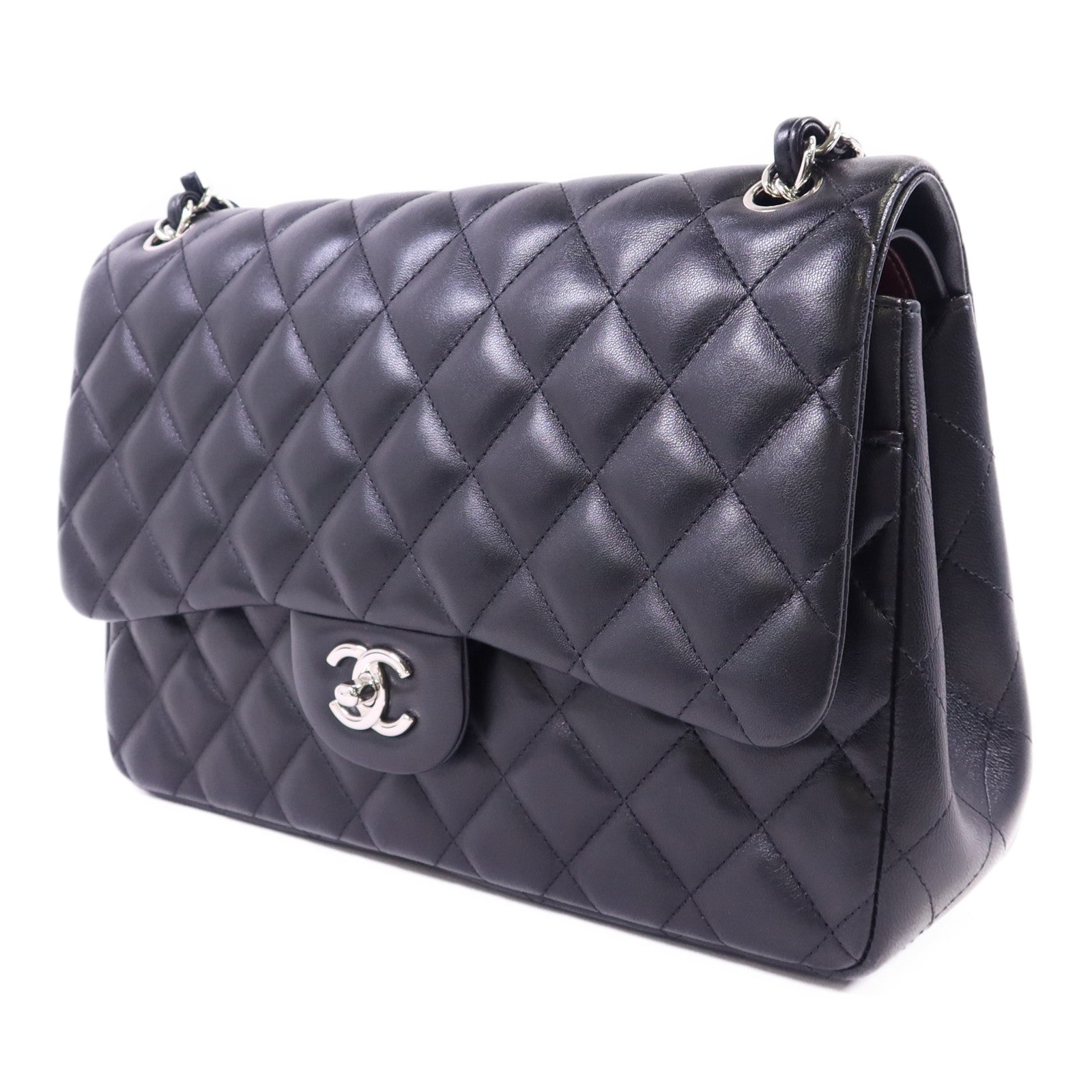 CHANEL 羊皮皮革Large Classic銀扣鏈帶手挽肩背兩用袋