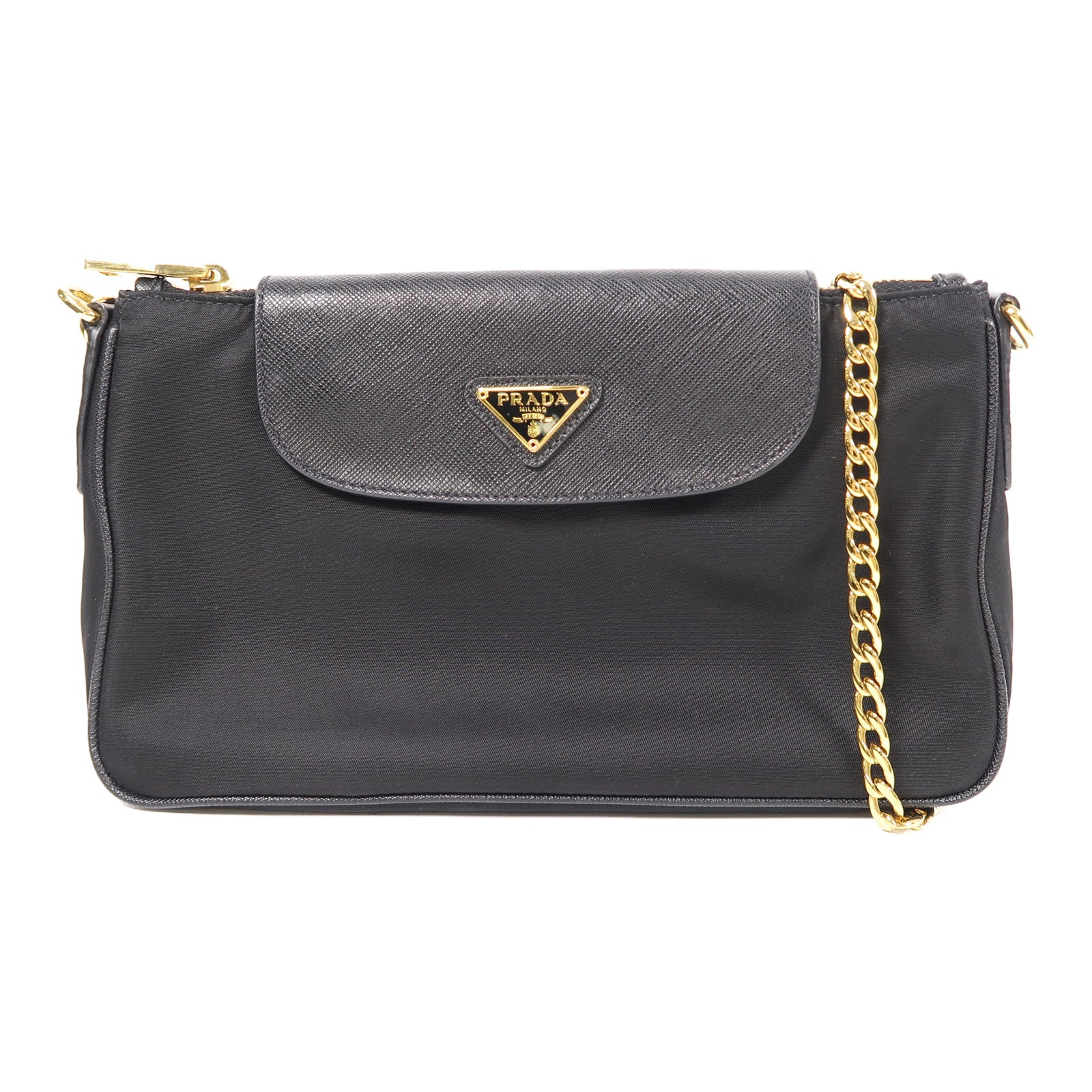 PRADA 尼龍/Saffiano皮革Saffiano Leather Chain Shoulder金扣鏈帶肩背袋黑色