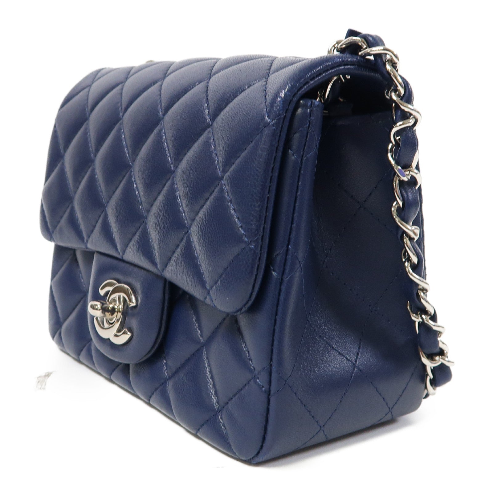 CHANEL 菱格羊皮皮革Classic Flap 17銀扣鏈帶肩背袋藍色