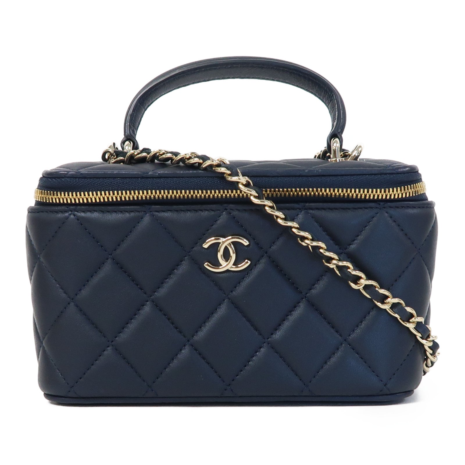CHANEL 菱格羊皮皮革Vanity Case金扣鏈帶肩背袋深藍色